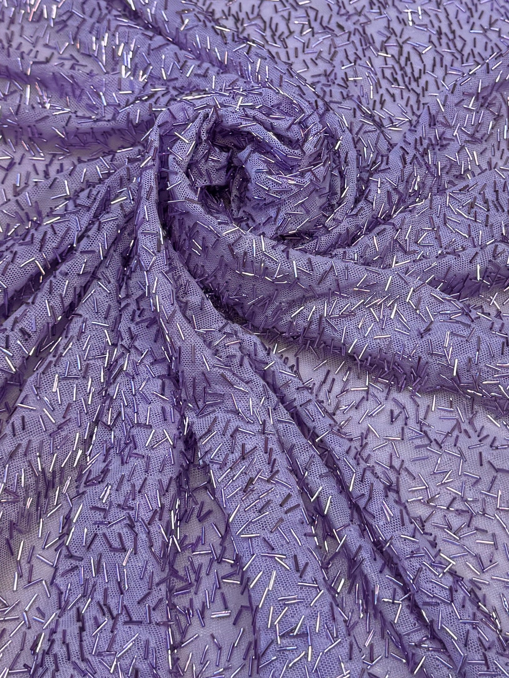 Lavender Bugle Beaded Stretch Mesh, Beaded Stretch Mesh, Stretch Mesh Fabric, Bugle Bead Fabric, Beaded Mesh Fabric, Embellished Mesh Fabric, Stretch Beaded Fabric, Mesh Fabric Stretch