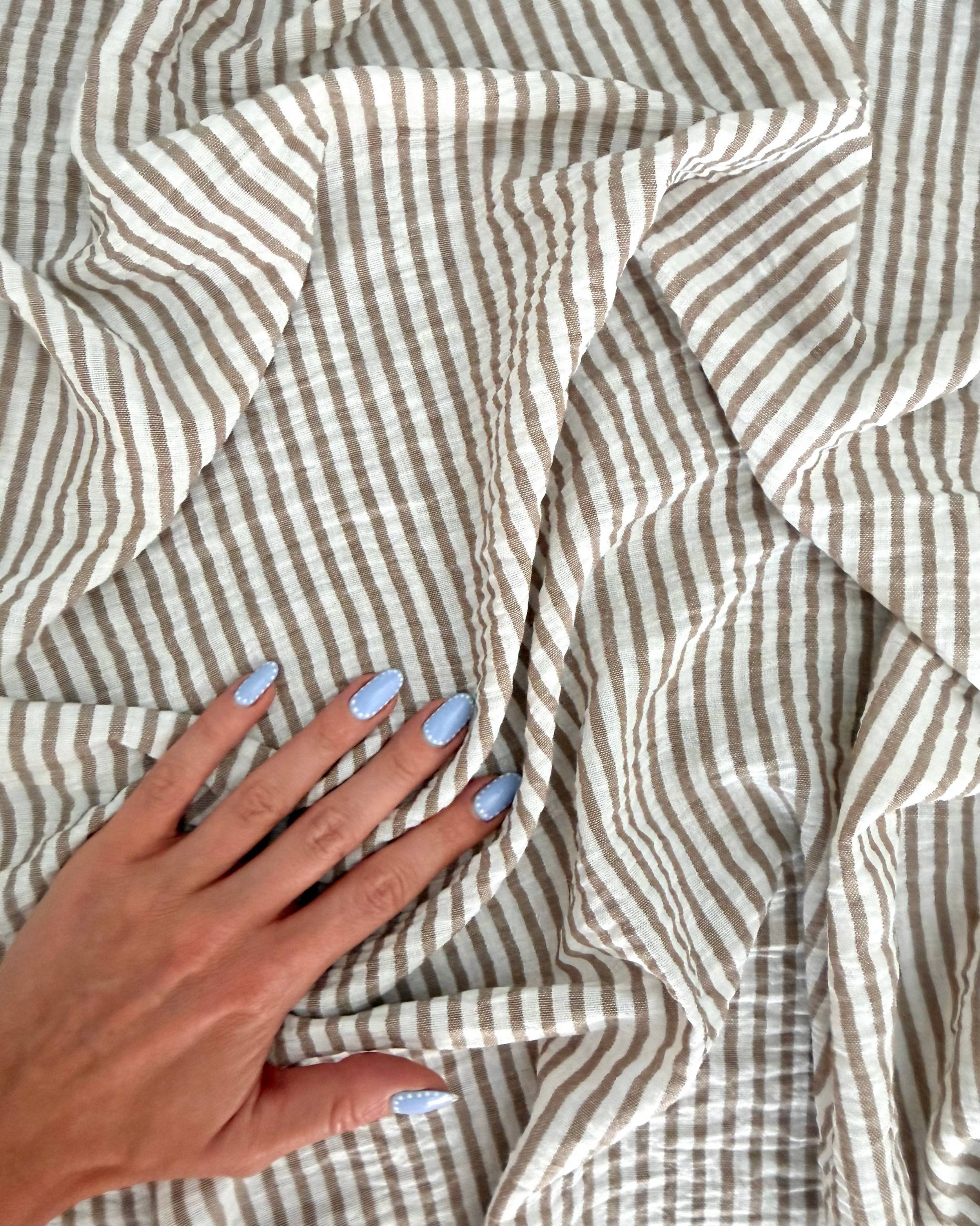Tan Coastal Linen Look Stripe Fabric, Kiki Sewing Store, Kiki Luxury Fabric, Cheap Fabric Store, Kiki Textiles, Kiki Textile by the Yard, Kiki Textile USA