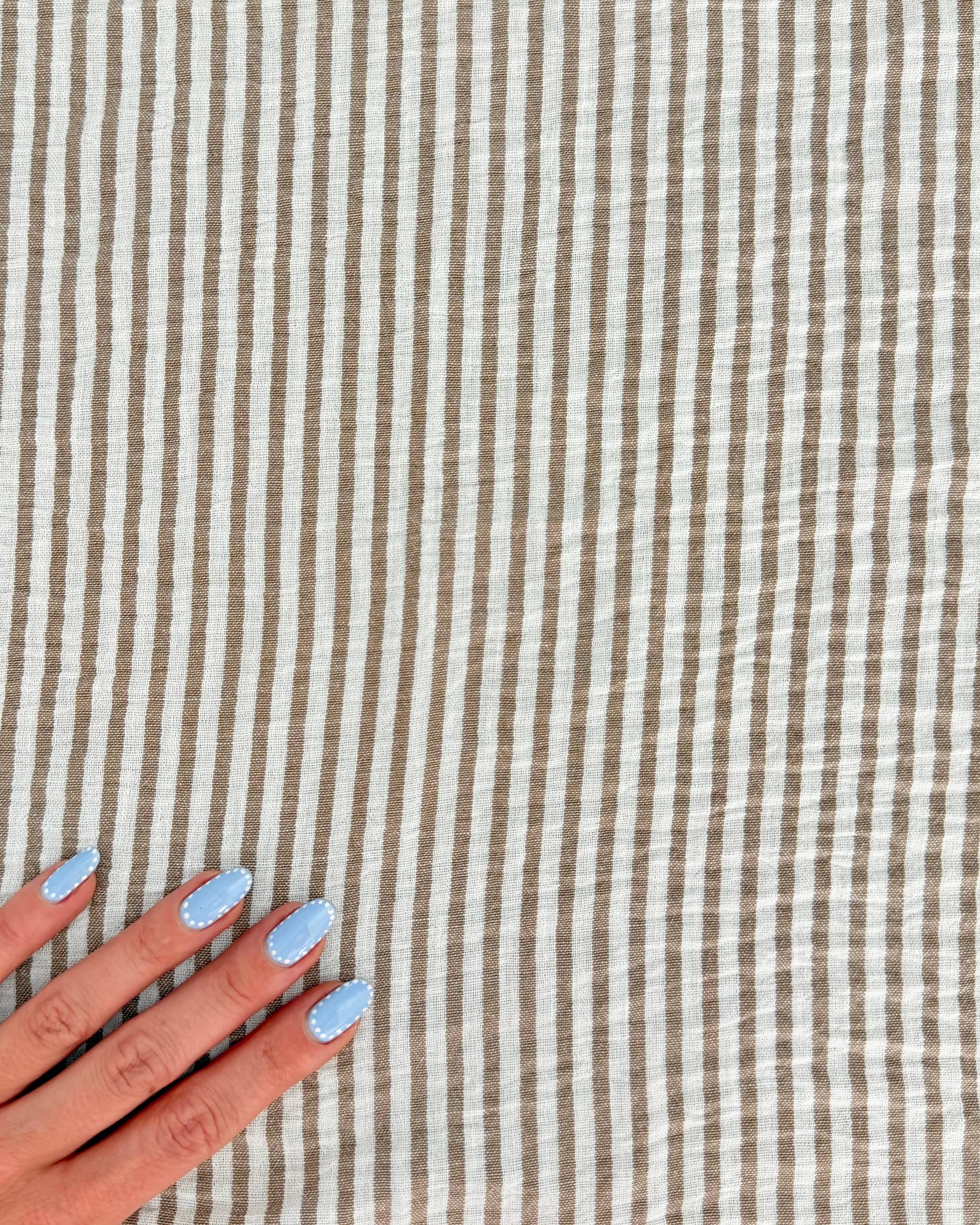 Tan Coastal Linen Look Stripe Fabric, Kiki Sewing Store, Kiki Luxury Fabric, Cheap Fabric Store, Kiki Textiles, Kiki Textile by the Yard, Kiki Textile USA