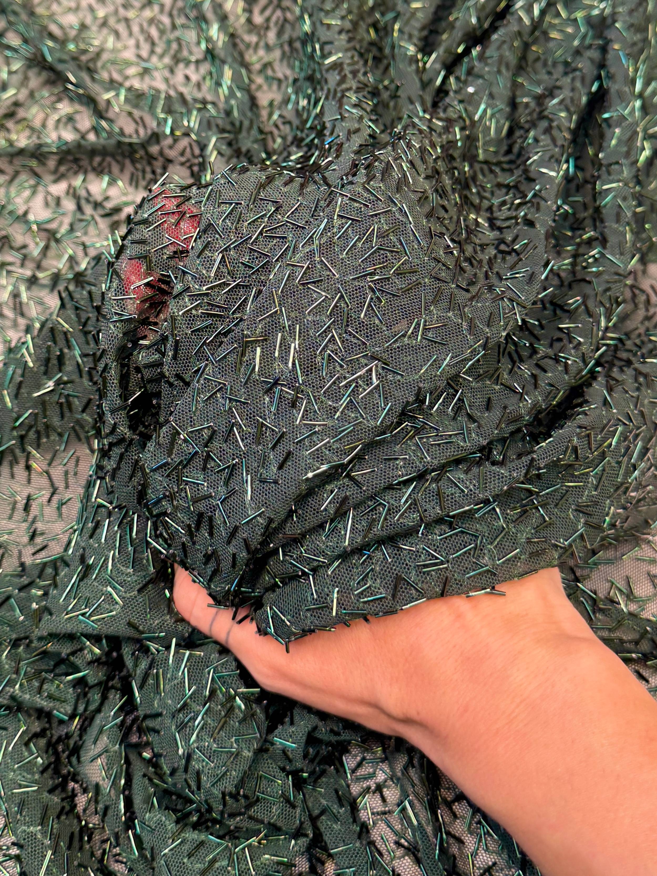 Hunter Green Bugle Beaded Stretch Mesh, Kiki Sewing Store, Kiki Luxury Fabric, Cheap Fabric Store, Kiki Textiles, Kiki Textile by the Yard, Kiki Textile USA