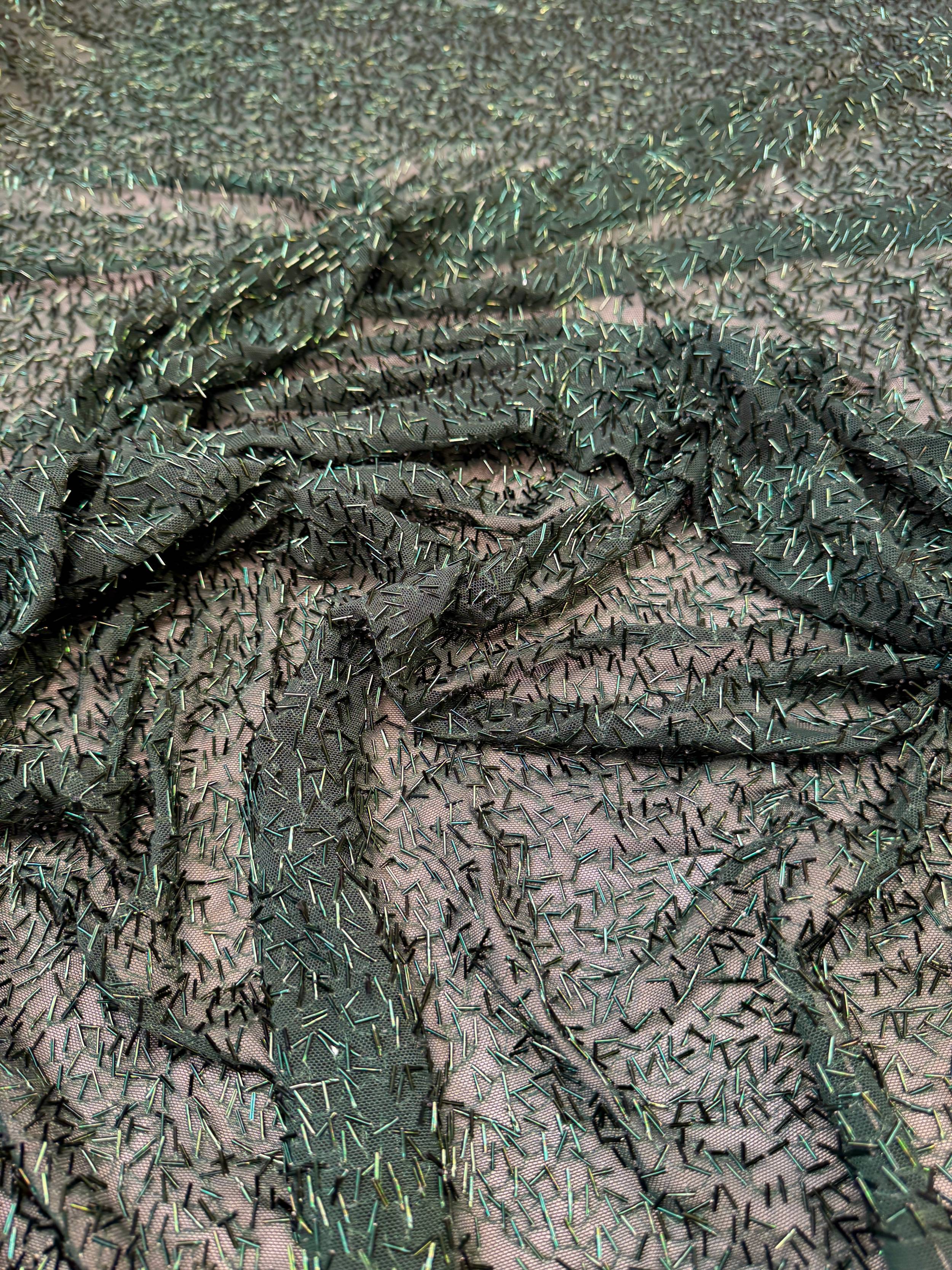 Hunter Green Bugle Beaded Stretch Mesh, Beaded Stretch Mesh, Stretch Mesh Fabric, Bugle Bead Fabric, Beaded Mesh Fabric, Embellished Mesh Fabric, Stretch Beaded Fabric, Mesh Fabric Stretch