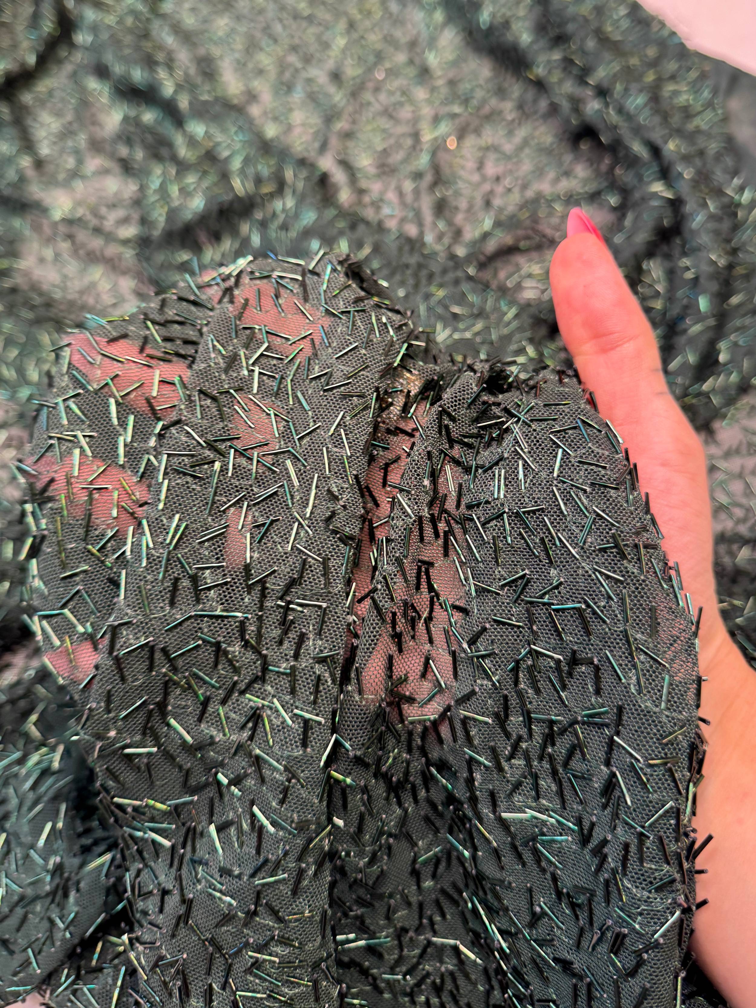 Hunter Green Bugle Beaded Stretch Mesh, Beaded Stretch Mesh, Stretch Mesh Fabric, Bugle Bead Fabric, Beaded Mesh Fabric, Embellished Mesh Fabric, Stretch Beaded Fabric, Mesh Fabric Stretch