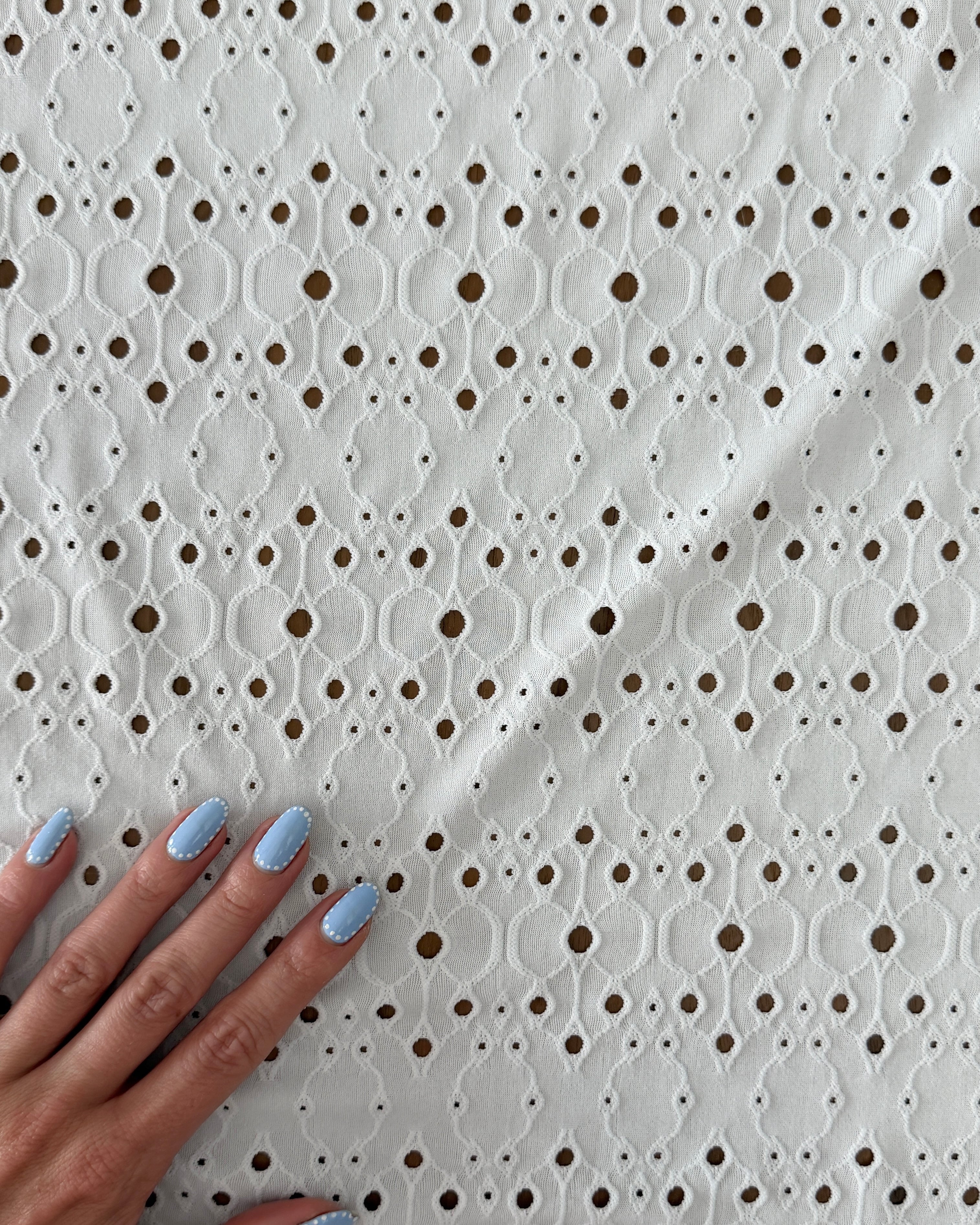 White 4 Way Stretch Eyelet Jacquard Knit, Kiki Sewing Store, Kiki Luxury Fabric, Cheap Fabric Store, Kiki Textiles, Kiki Textile by the Yard, Kiki Textile USA