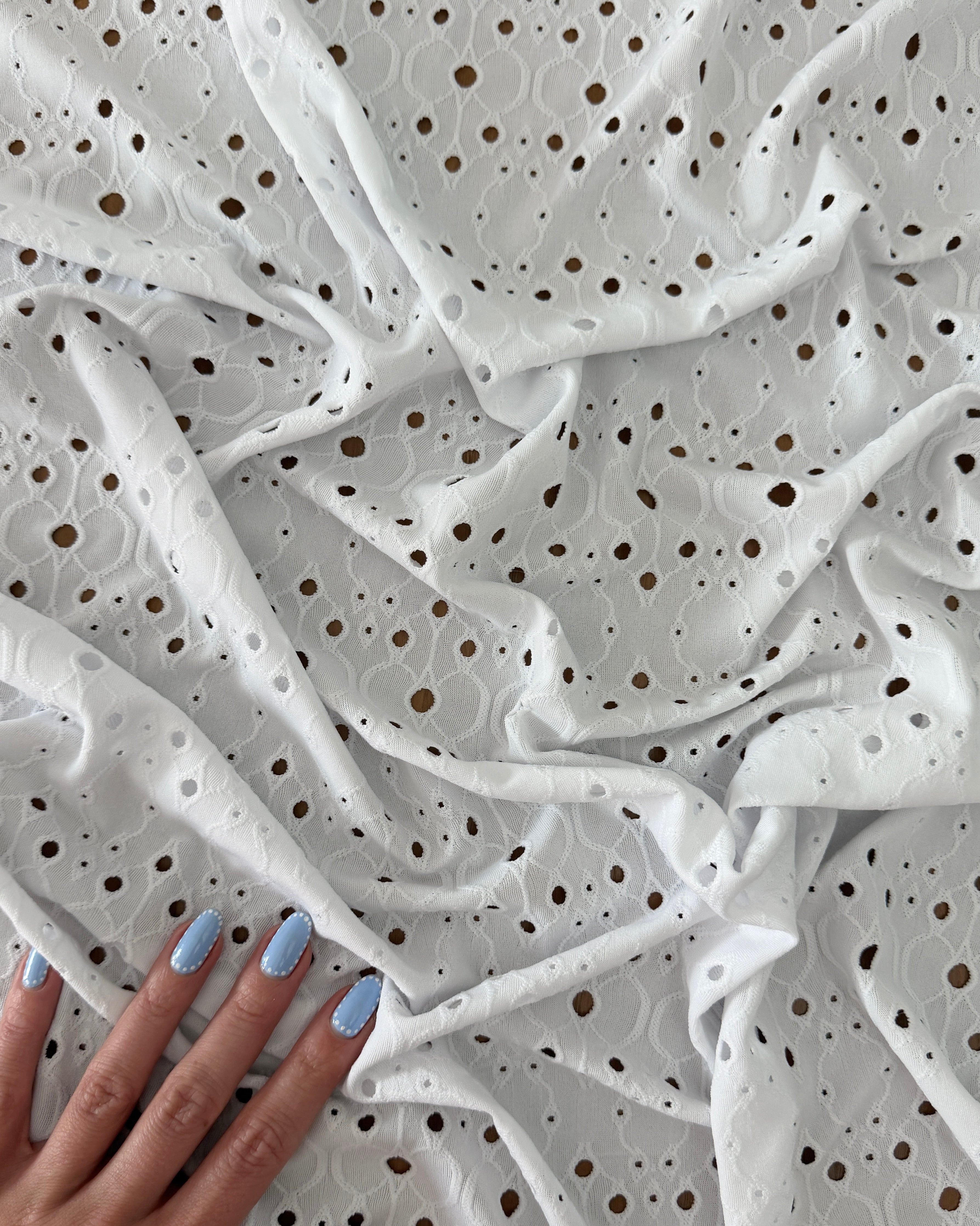 White 4 Way Stretch Eyelet Jacquard Knit, Kiki Sewing Store, Kiki Luxury Fabric, Cheap Fabric Store, Kiki Textiles, Kiki Textile by the Yard, Kiki Textile USA