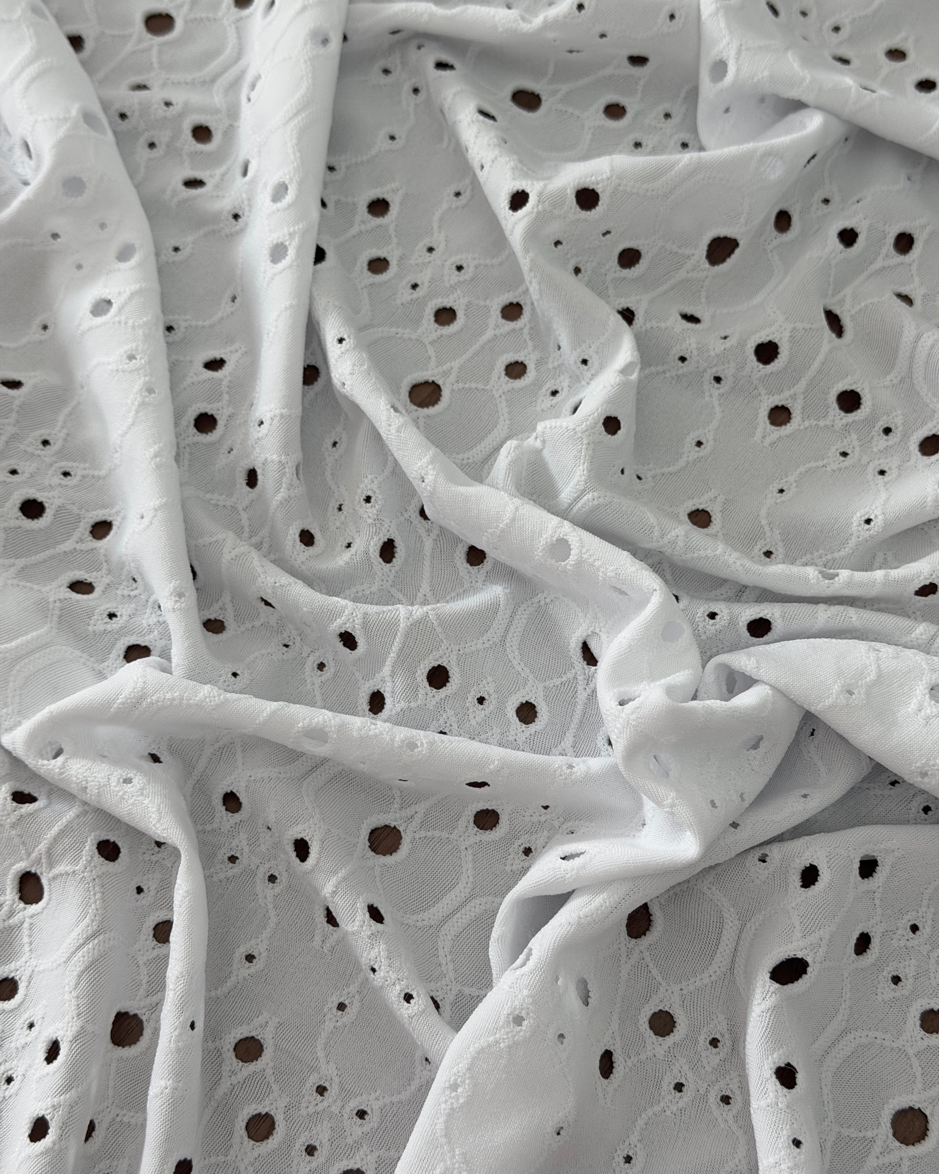 White 4 Way Stretch Eyelet Jacquard Knit, Eyelet Jacquard Knit Fabric, Stretch Eyelet Fabric, Jacquard Knit Fabric, Textured Knit Fabric, Breathable Knit Fabric