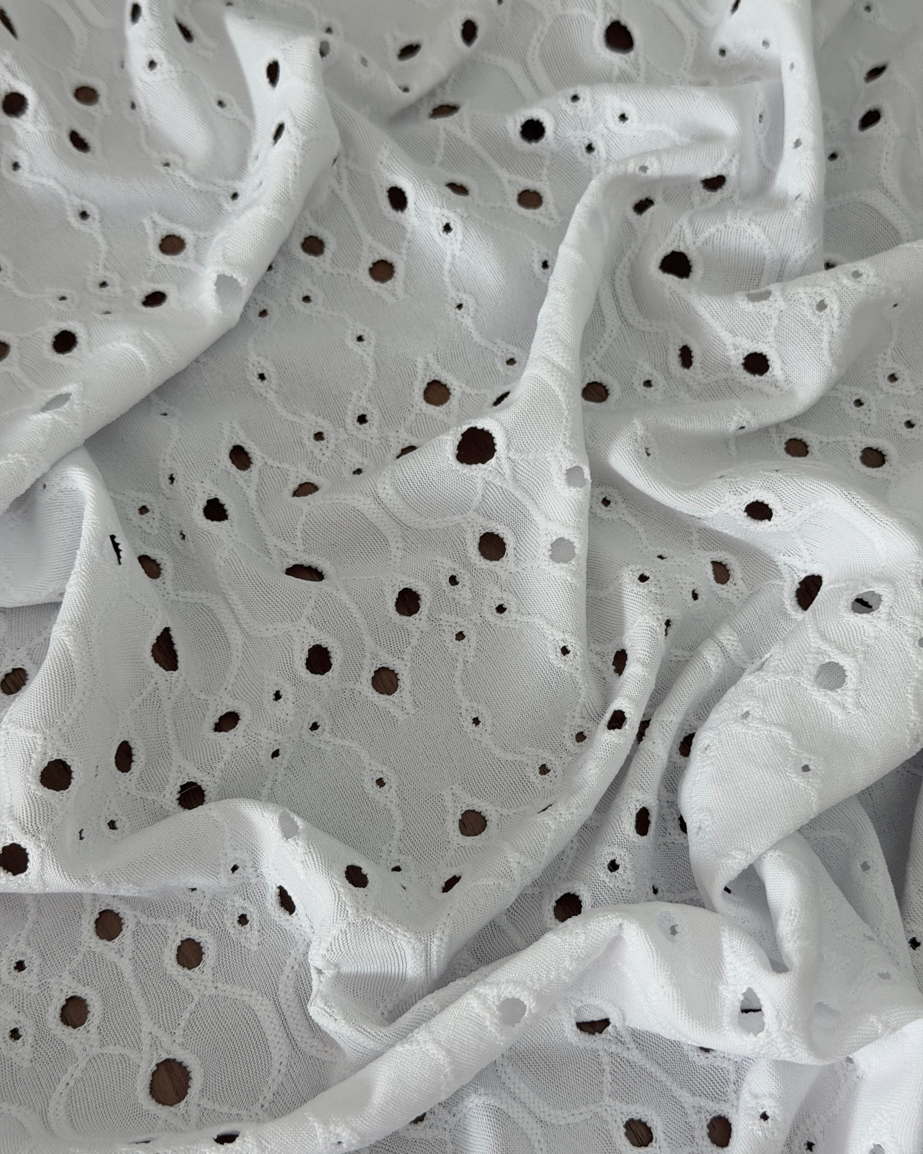White 4 Way Stretch Eyelet Jacquard Knit, Eyelet Jacquard Knit Fabric, Stretch Eyelet Fabric, Jacquard Knit Fabric, Textured Knit Fabric, Breathable Knit Fabric