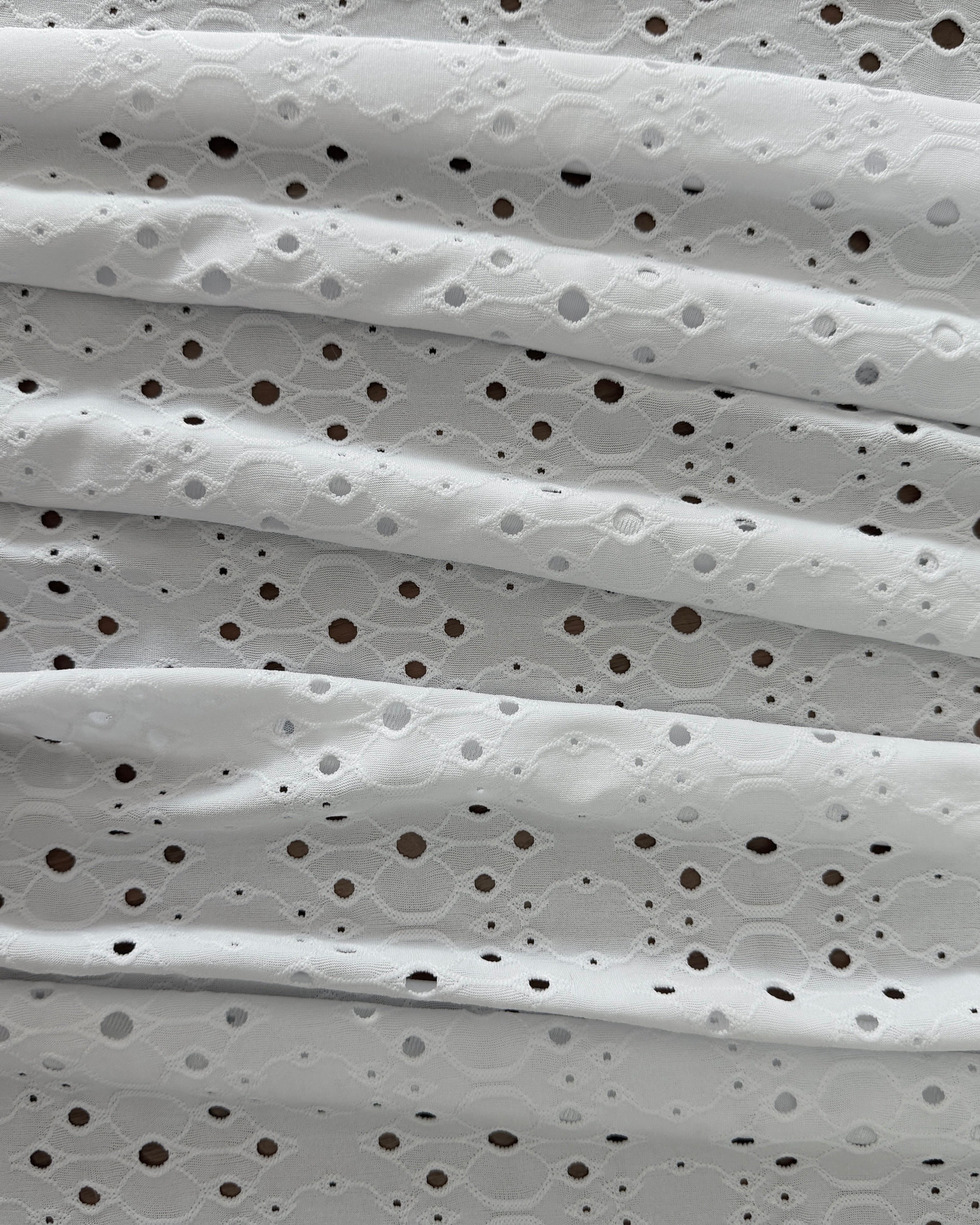 White 4 Way Stretch Eyelet Jacquard Knit, Eyelet Jacquard Knit Fabric, Stretch Eyelet Fabric, Jacquard Knit Fabric, Textured Knit Fabric, Breathable Knit Fabric