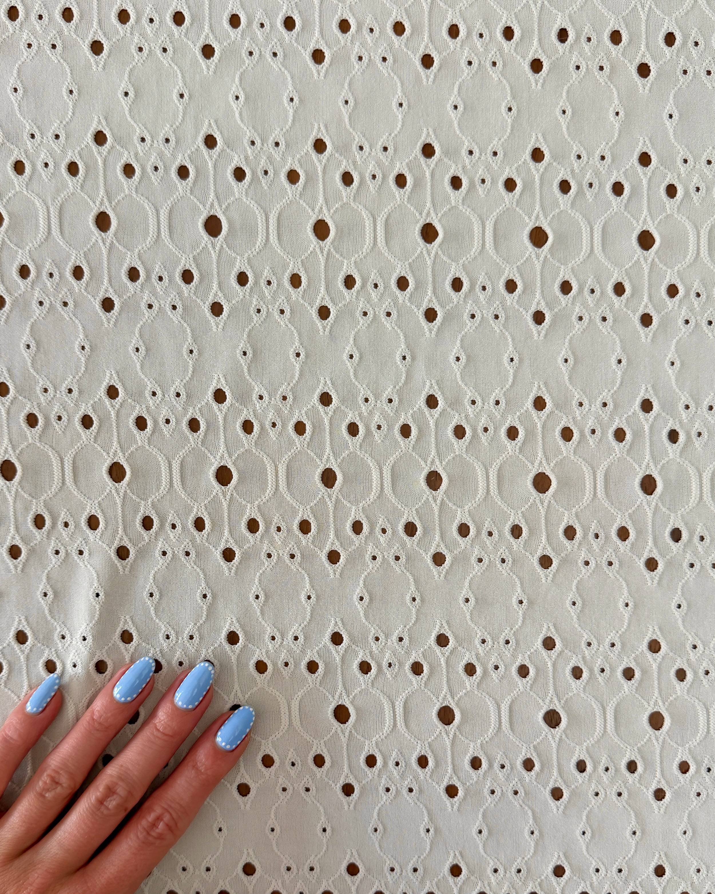 Bone 4 Way Stretch Eyelet Jacquard Knit, Kiki Sewing Store, Kiki Luxury Fabric, Cheap Fabric Store, Kiki Textiles, Kiki Textile by the Yard, Kiki Textile USA