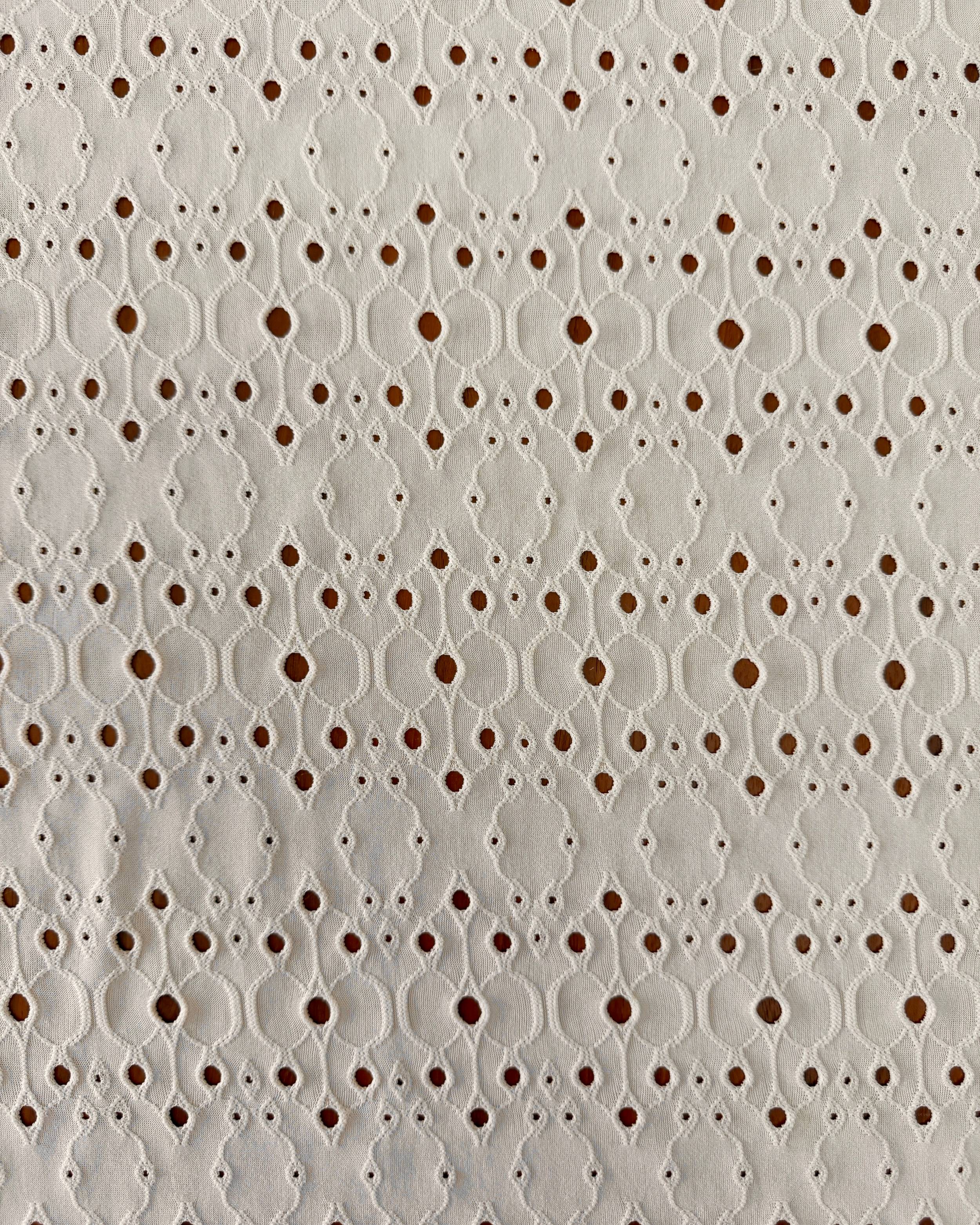 Bone 4 Way Stretch Eyelet Jacquard Knit, Eyelet Jacquard Knit Fabric, Stretch Eyelet Fabric, Jacquard Knit Fabric, Textured Knit Fabric, Breathable Knit Fabric