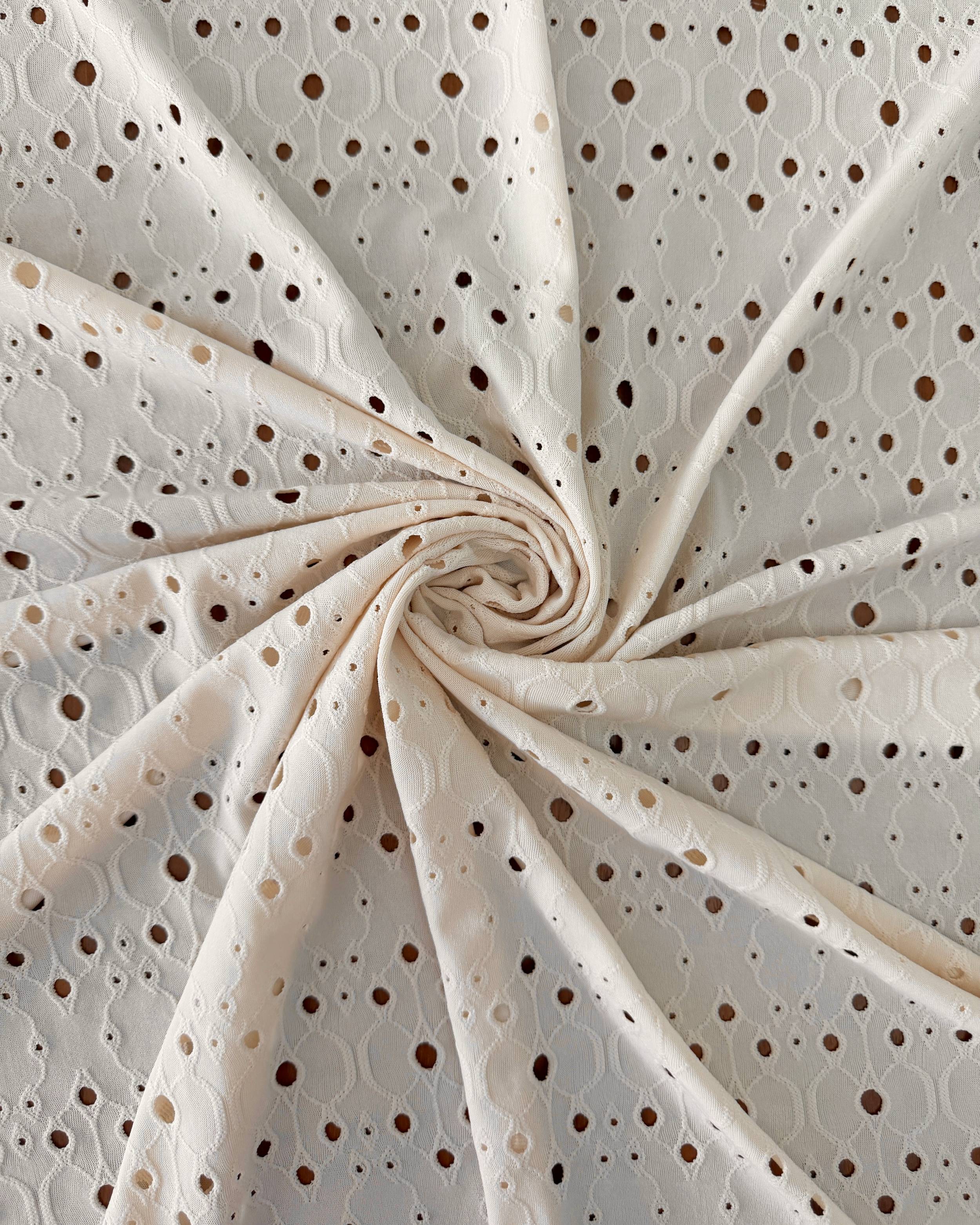 Bone 4 Way Stretch Eyelet Jacquard Knit, Eyelet Jacquard Knit Fabric, Stretch Eyelet Fabric, Jacquard Knit Fabric, Textured Knit Fabric, Breathable Knit Fabric