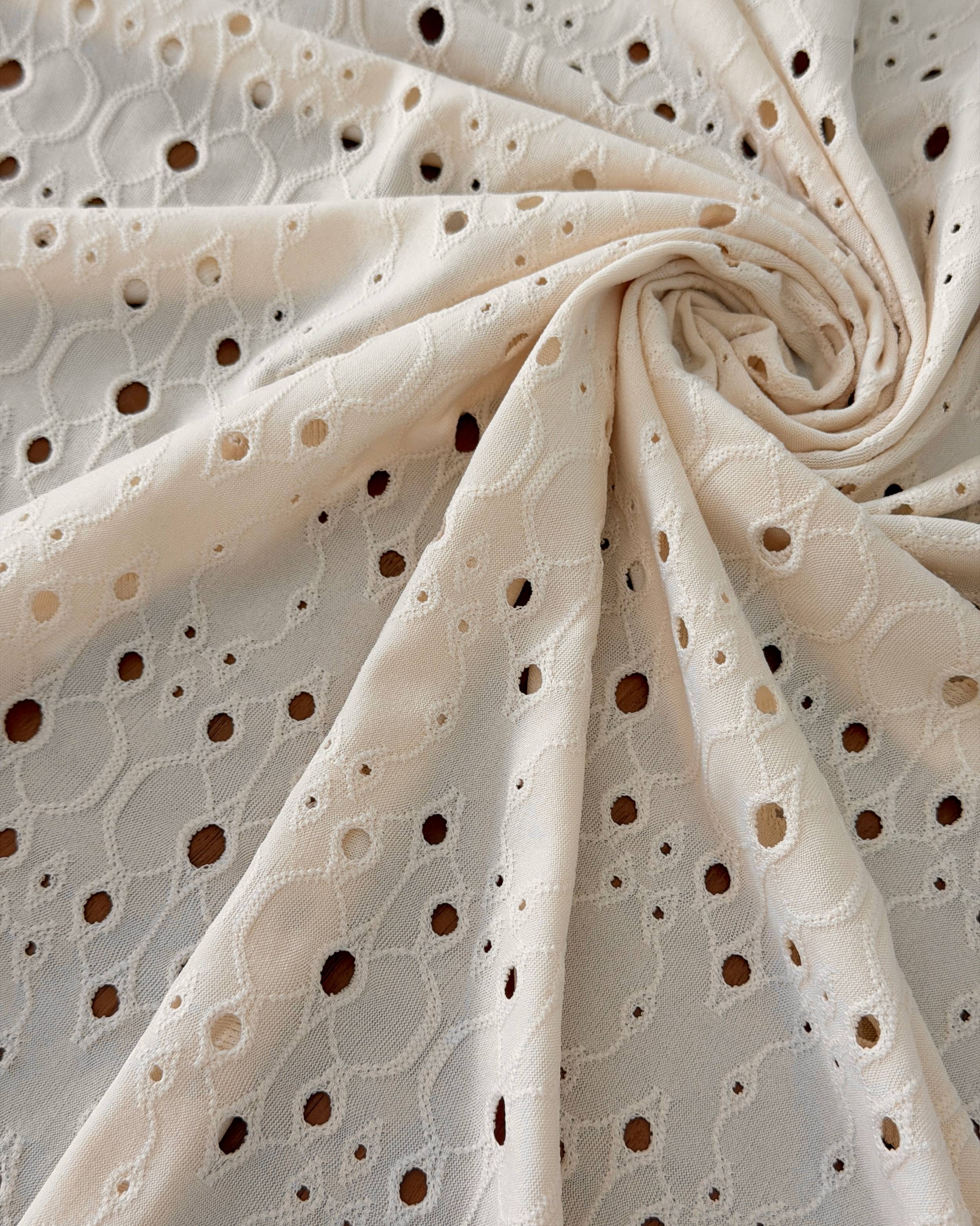 Bone 4 Way Stretch Eyelet Jacquard Knit, Eyelet Jacquard Knit Fabric, Stretch Eyelet Fabric, Jacquard Knit Fabric, Textured Knit Fabric, Breathable Knit Fabric