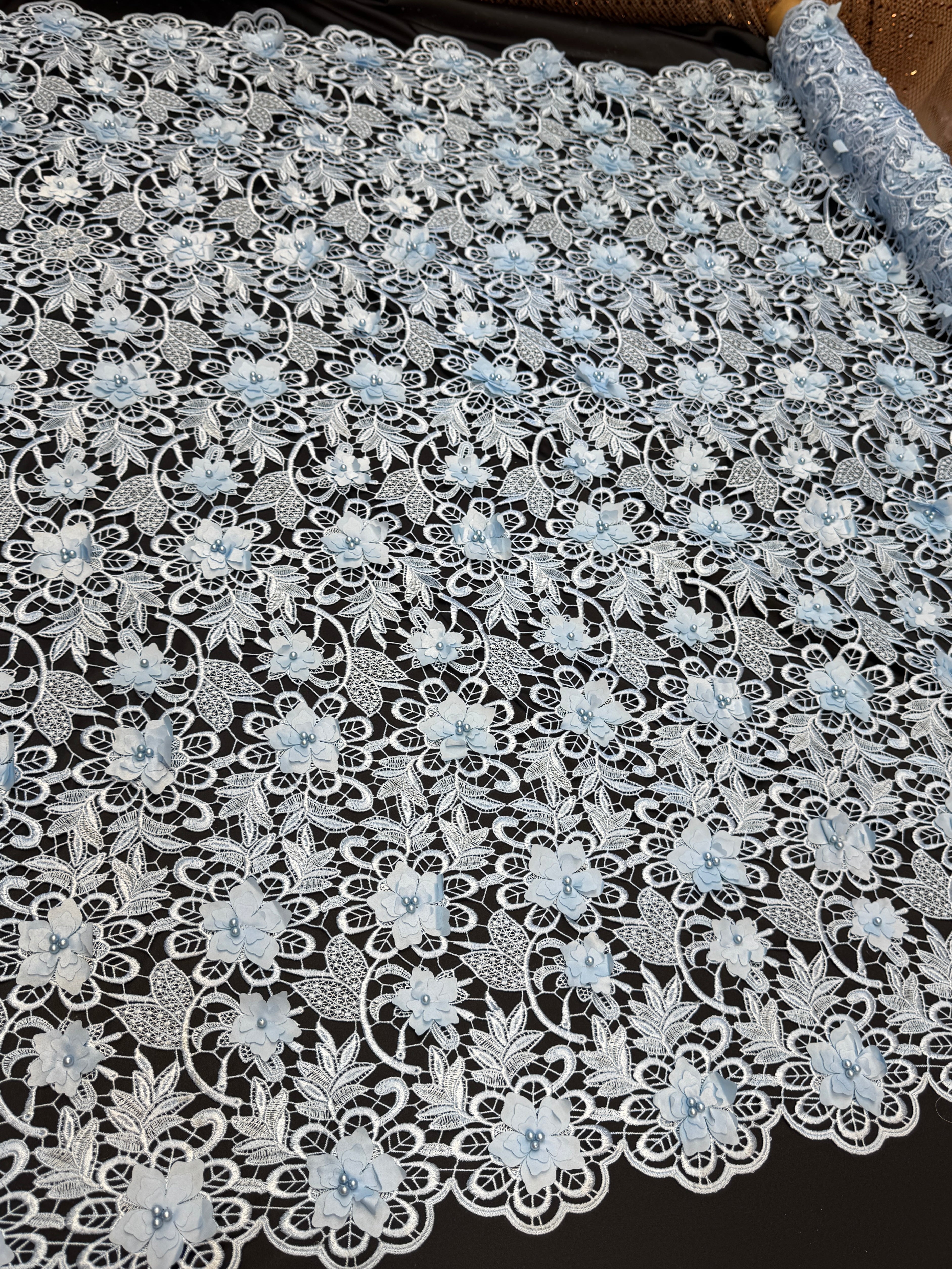 Ice Blue 3D Blossom Beaded Embroidered Lace, Beaded Embroidered Lace, 3D Blossom Lace, Floral Beaded Lace, Couture Lace Fabric, Bridal Lace Fabric, Wedding Dress Lace