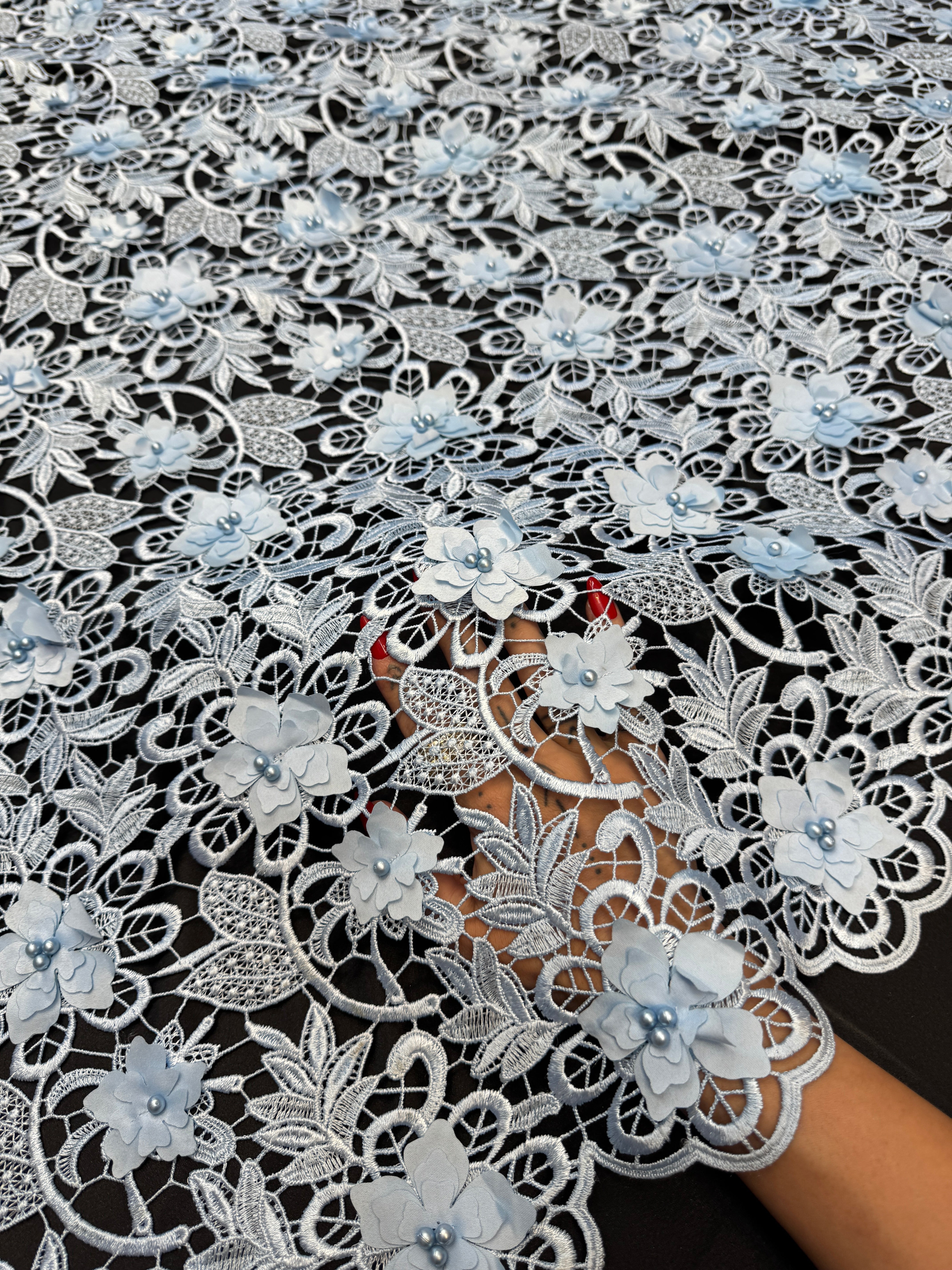 Ice Blue 3D Blossom Beaded Embroidered Lace, Kiki Sewing Store, Kiki Luxury Fabric, Cheap Fabric Store, Kiki Textiles, Kiki Textile by the Yard, Kiki Textile USA