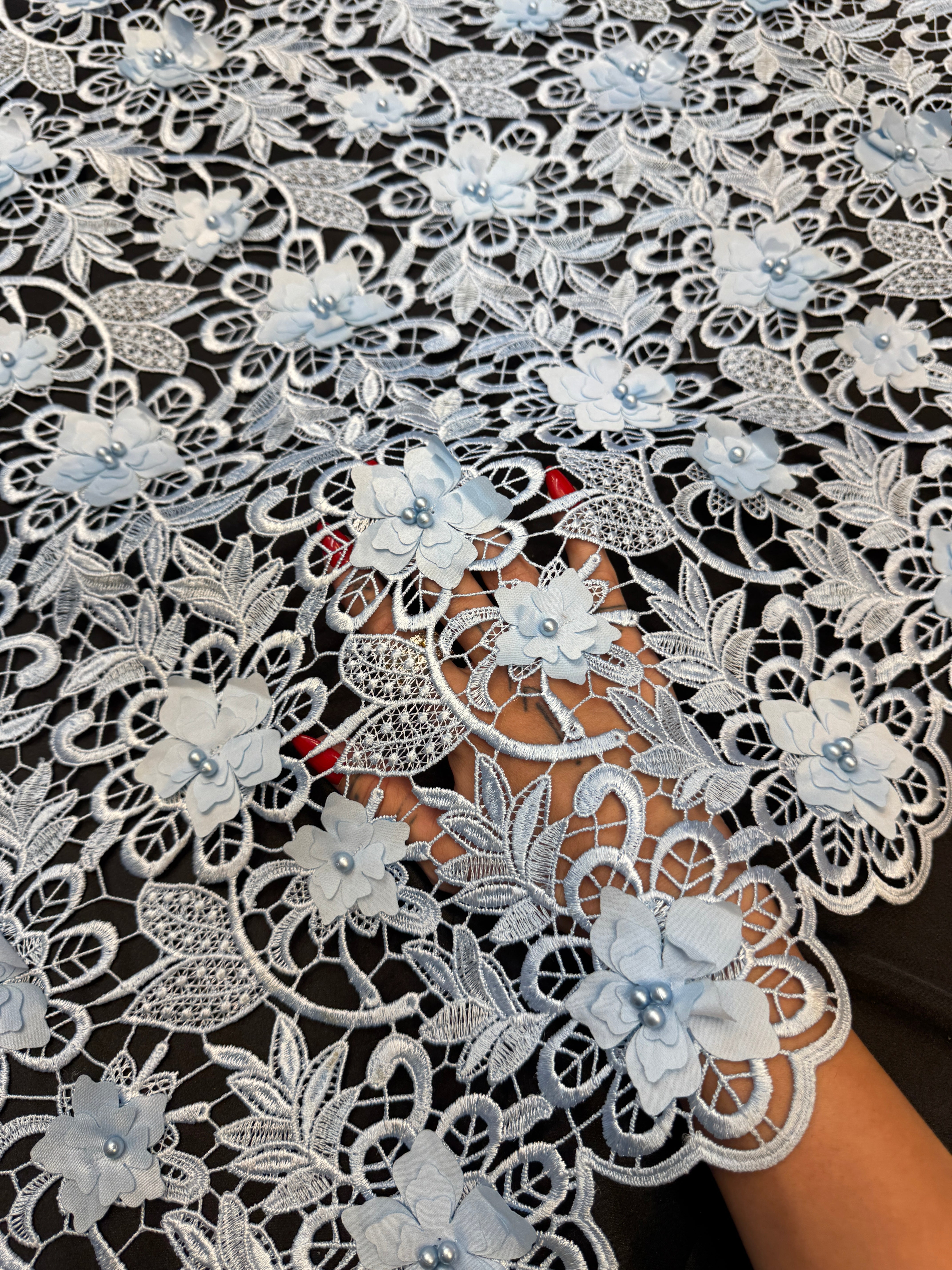 Ice Blue 3D Blossom Beaded Embroidered Lace, Kiki Sewing Store, Kiki Luxury Fabric, Cheap Fabric Store, Kiki Textiles, Kiki Textile by the Yard, Kiki Textile USA