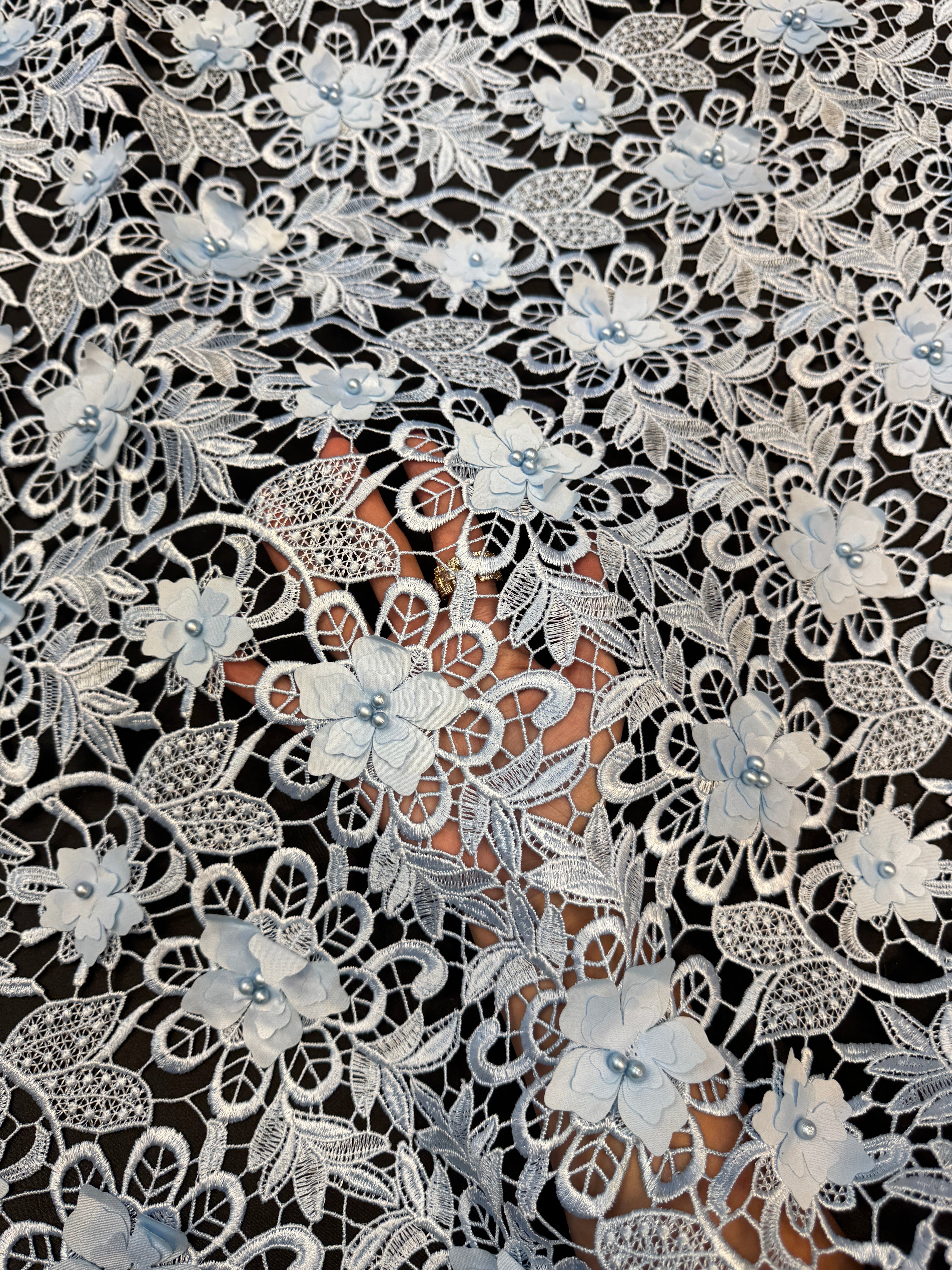 Ice Blue 3D Blossom Beaded Embroidered Lace, Kiki Sewing Store, Kiki Luxury Fabric, Cheap Fabric Store, Kiki Textiles, Kiki Textile by the Yard, Kiki Textile USA