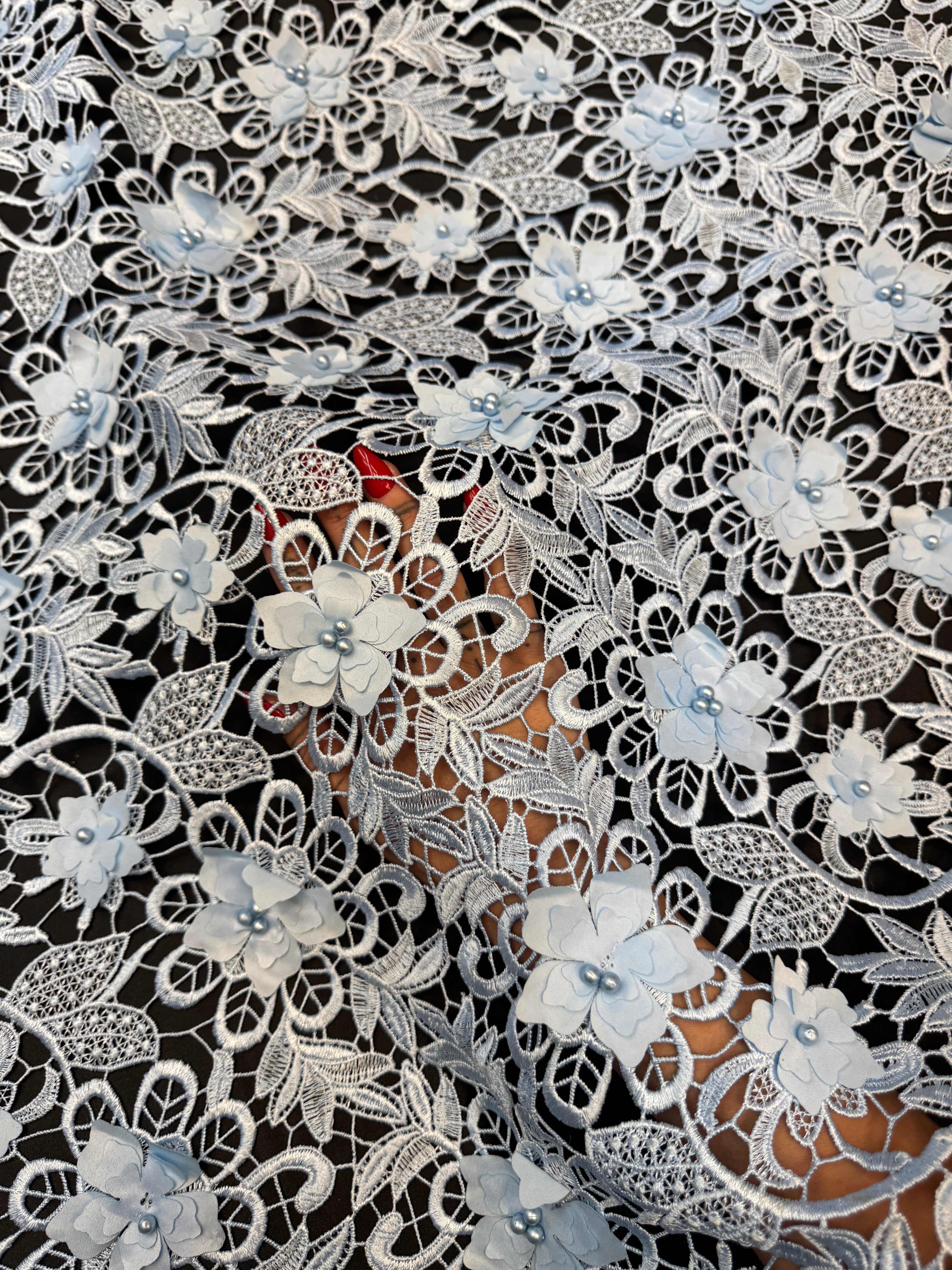 Ice Blue 3D Blossom Beaded Embroidered Lace, Kiki Sewing Store, Kiki Luxury Fabric, Cheap Fabric Store, Kiki Textiles, Kiki Textile by the Yard, Kiki Textile USA