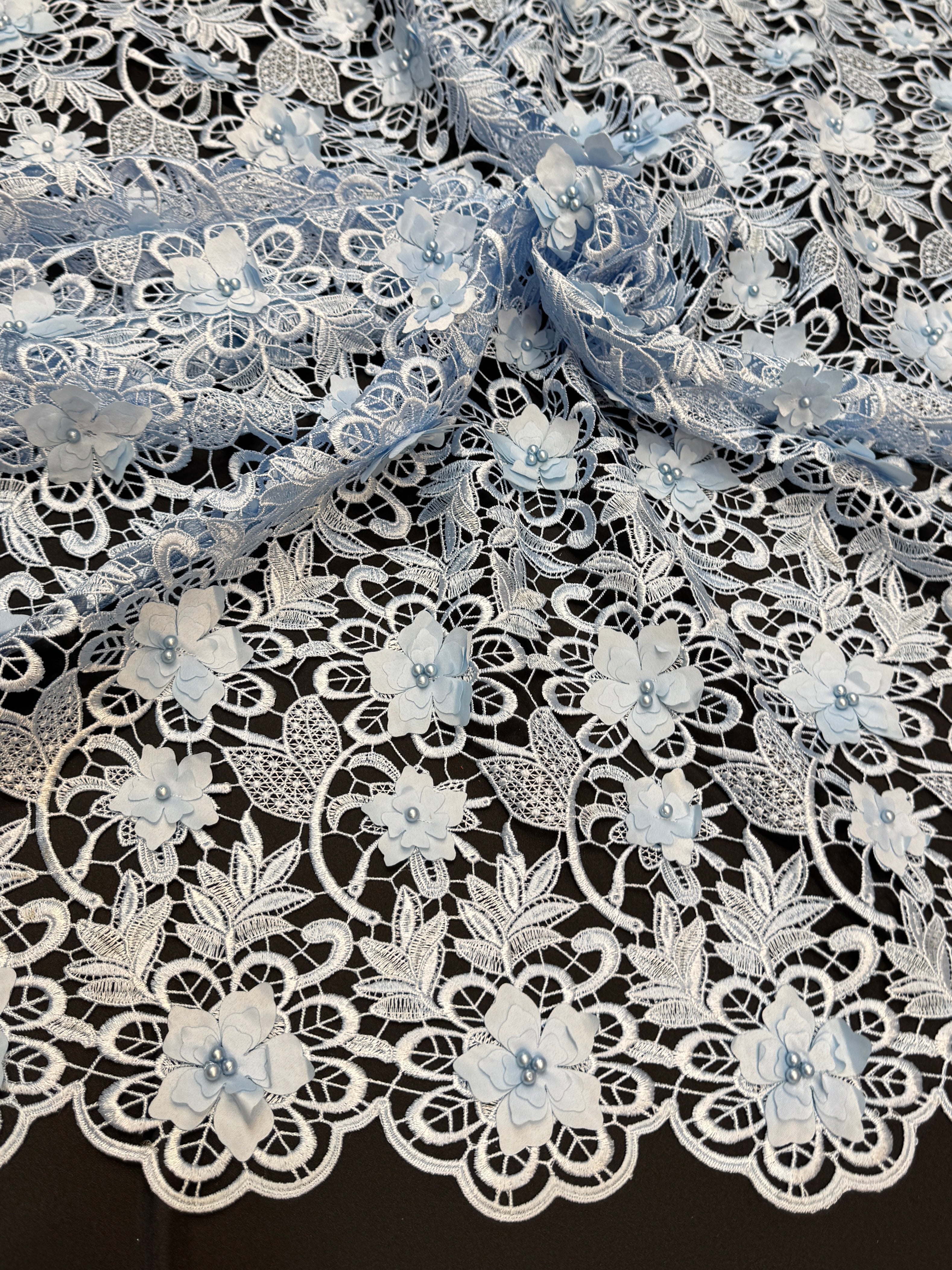 Ice Blue 3D Blossom Beaded Embroidered Lace, Beaded Embroidered Lace, 3D Blossom Lace, Floral Beaded Lace, Couture Lace Fabric, Bridal Lace Fabric, Wedding Dress Lace