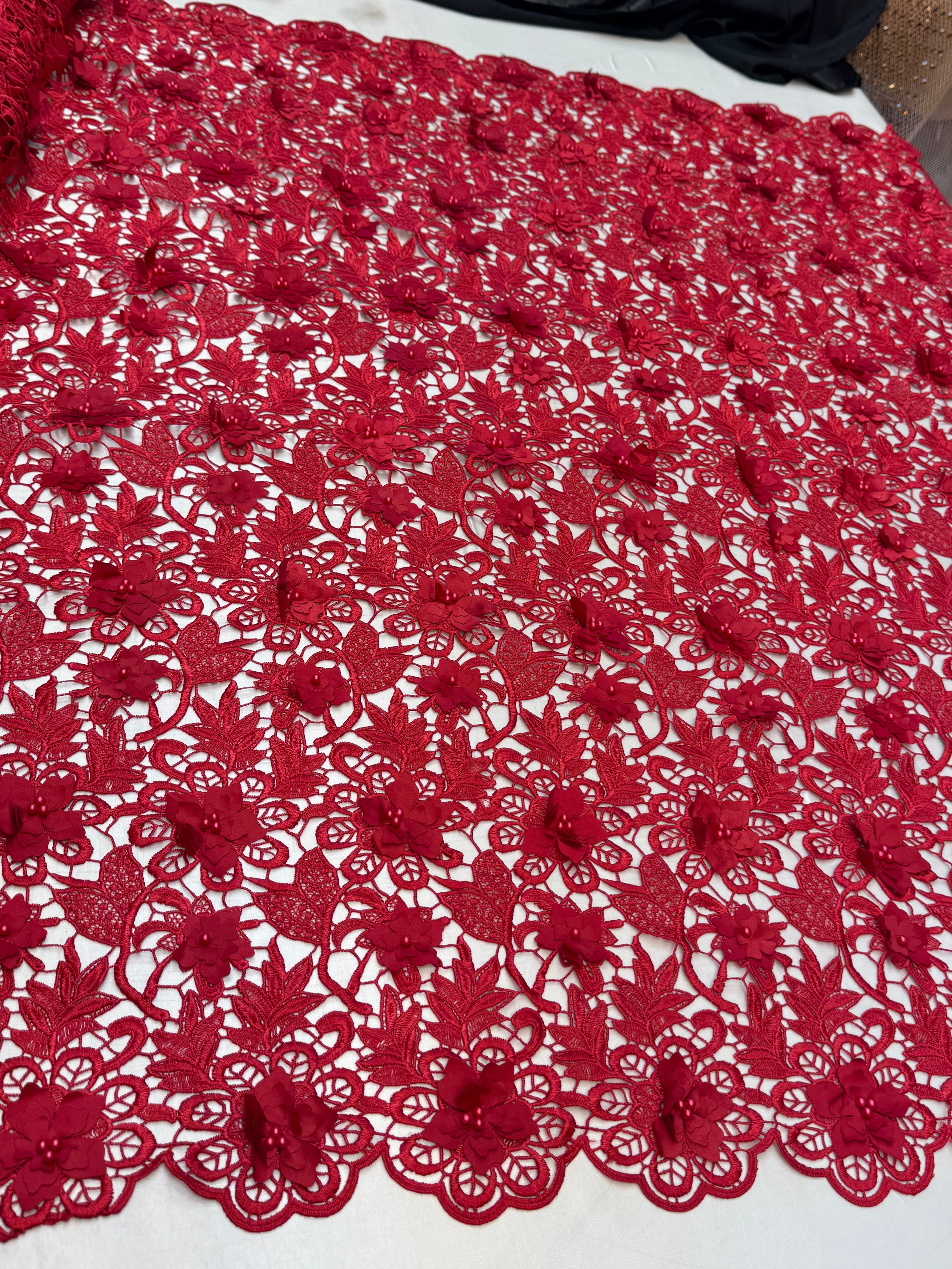 Red 3D Blossom Beaded Embroidered Lace, Kiki Sewing Store, Kiki Luxury Fabric, Cheap Fabric Store, Kiki Textiles, Kiki Textile by the Yard, Kiki Textile USA