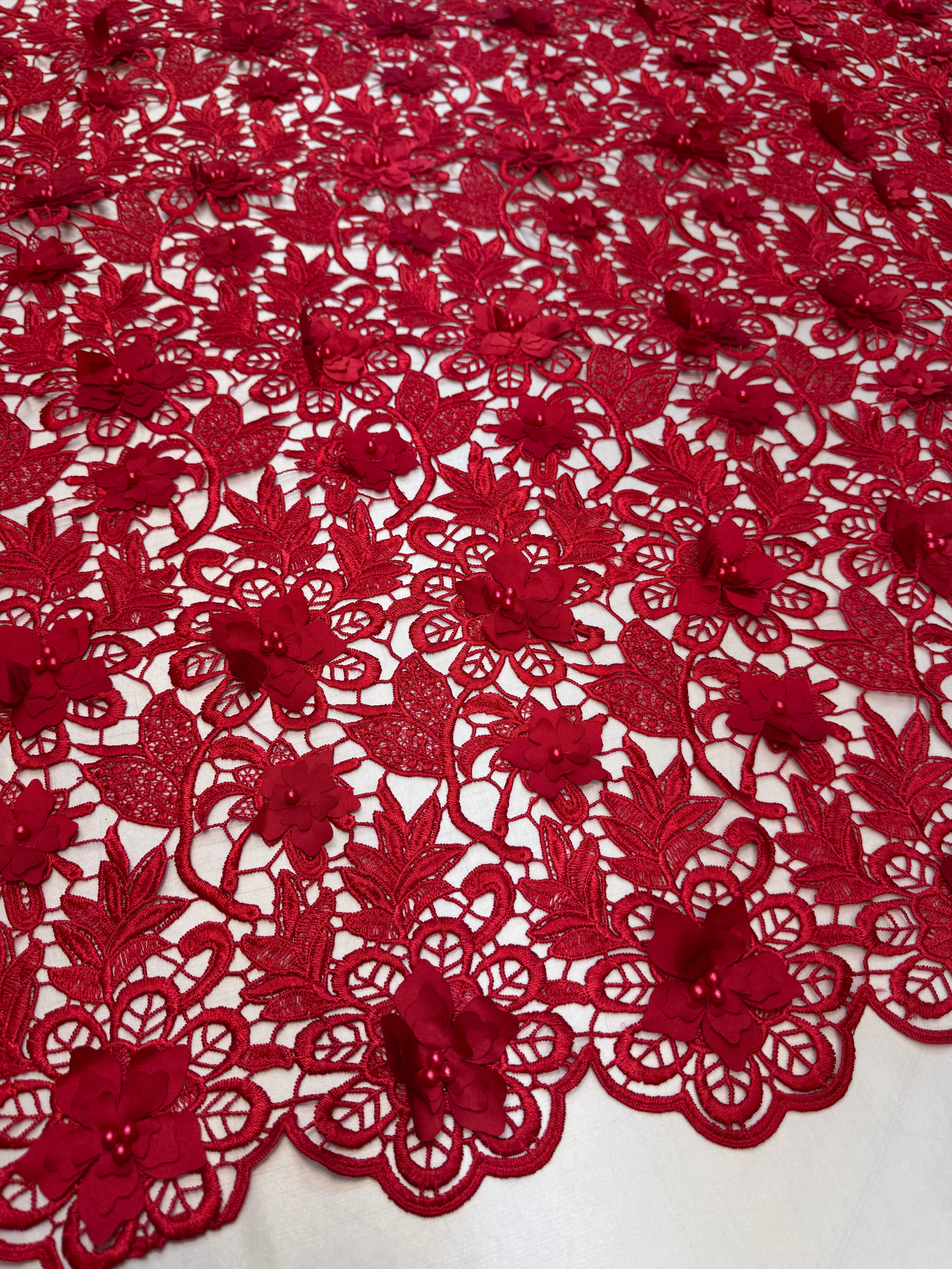 Red 3D Blossom Beaded Embroidered Lace, Beaded Embroidered Lace, 3D Blossom Lace, Floral Beaded Lace, Couture Lace Fabric, Bridal Lace Fabric, Wedding Dress Lace