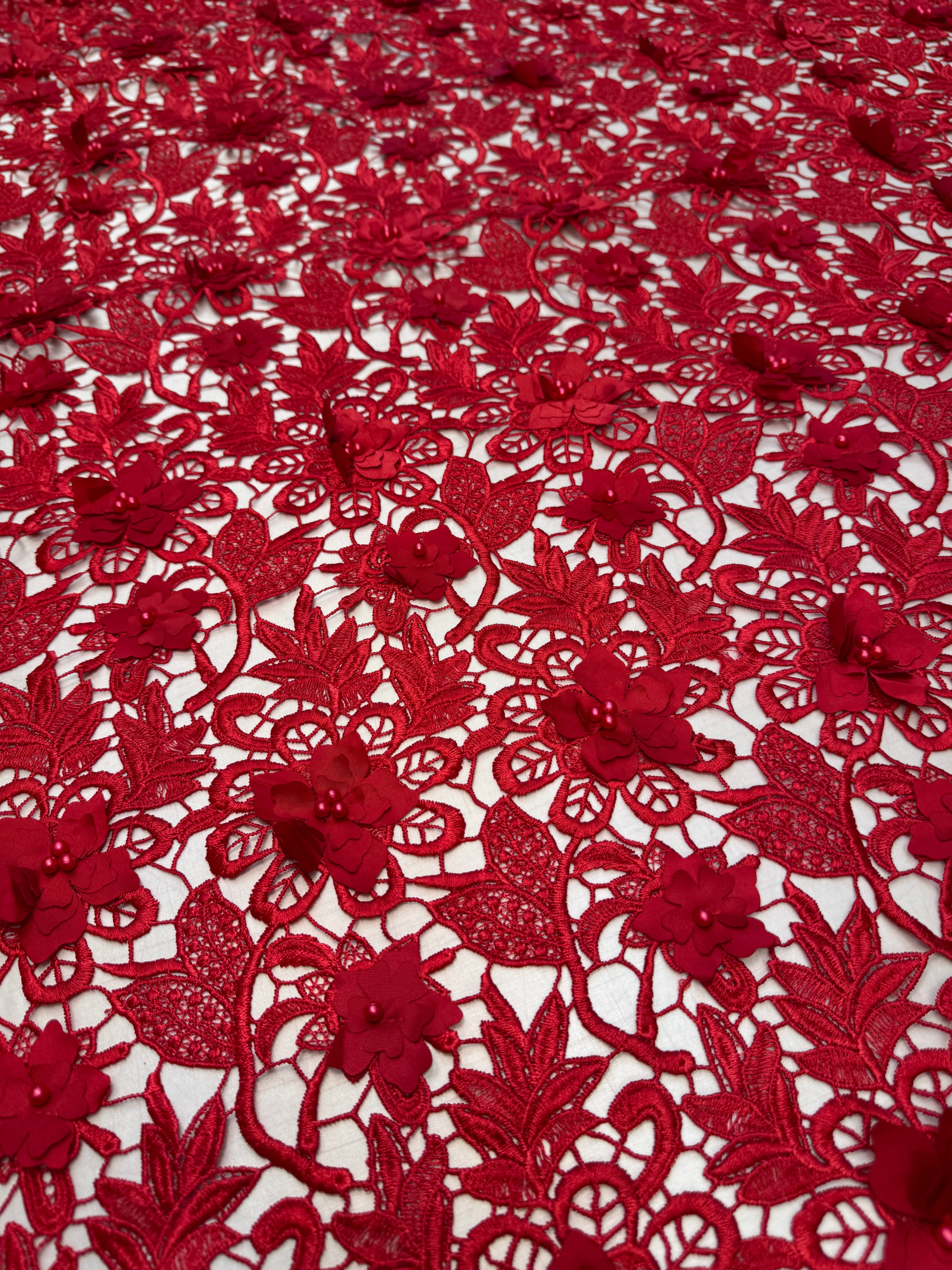 Red 3D Blossom Beaded Embroidered Lace, Beaded Embroidered Lace, 3D Blossom Lace, Floral Beaded Lace, Couture Lace Fabric, Bridal Lace Fabric, Wedding Dress Lace