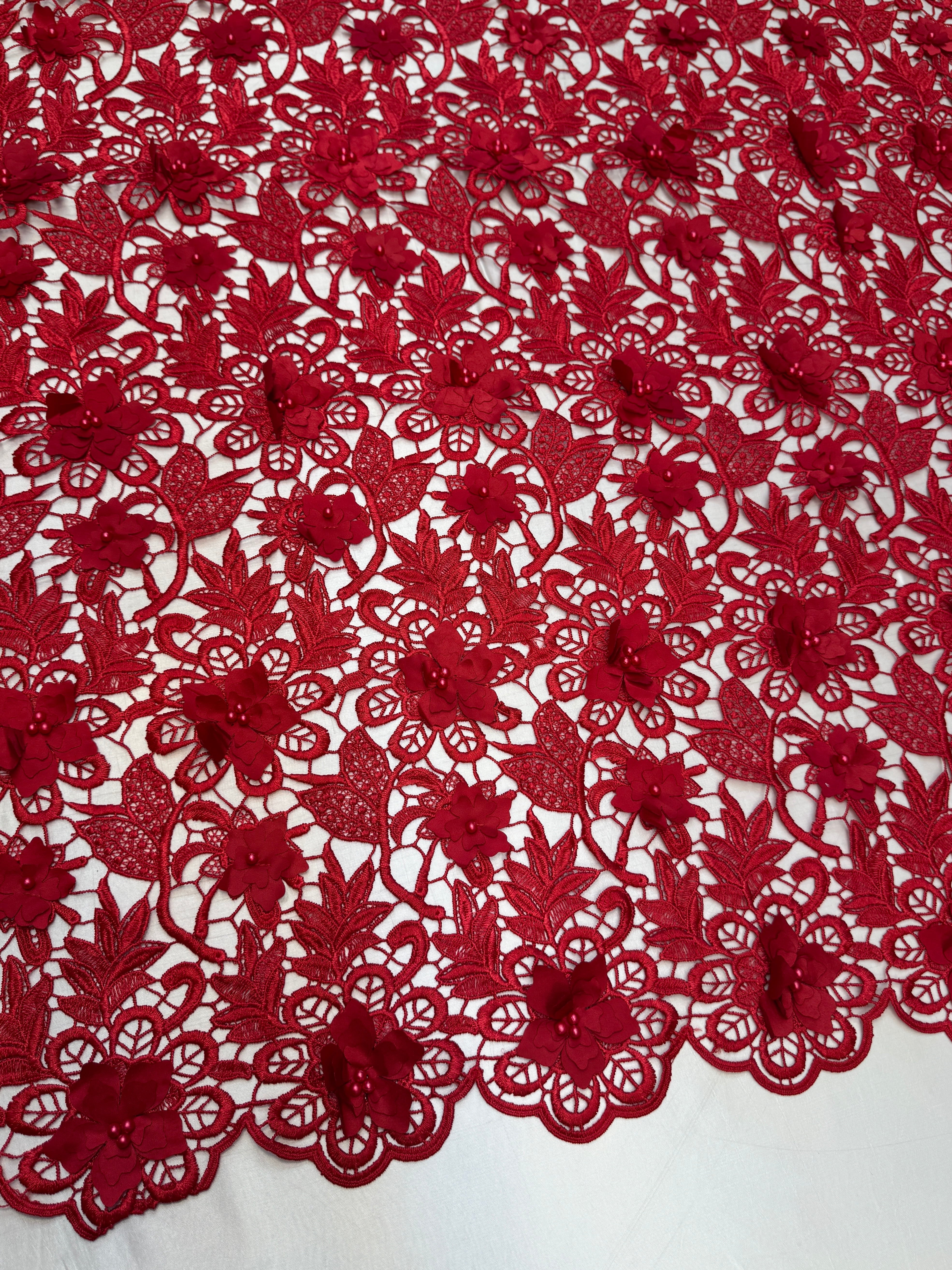 Red 3D Blossom Beaded Embroidered Lace, Beaded Embroidered Lace, 3D Blossom Lace, Floral Beaded Lace, Couture Lace Fabric, Bridal Lace Fabric, Wedding Dress Lace