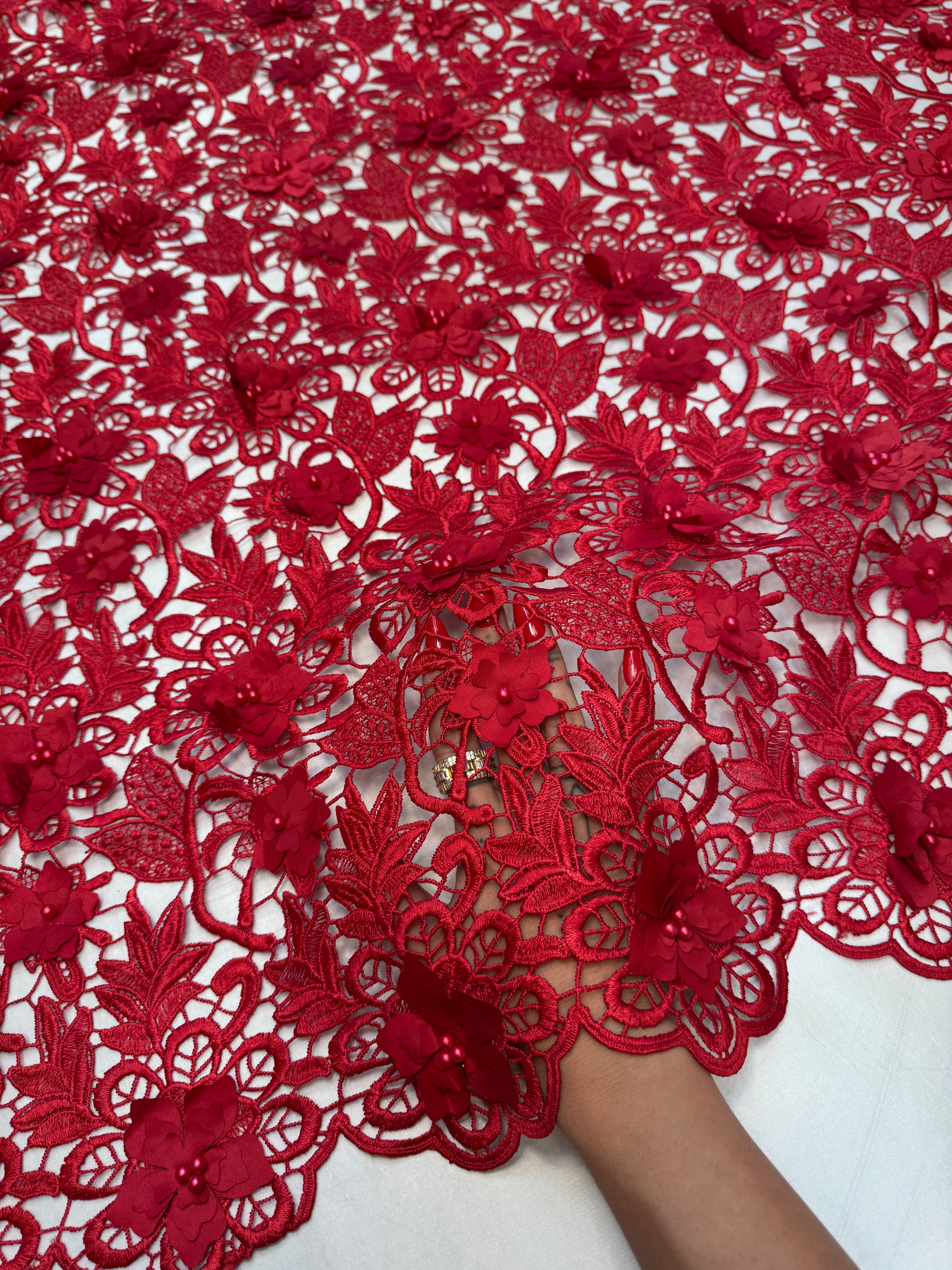 Red 3D Blossom Beaded Embroidered Lace, Kiki Sewing Store, Kiki Luxury Fabric, Cheap Fabric Store, Kiki Textiles, Kiki Textile by the Yard, Kiki Textile USA