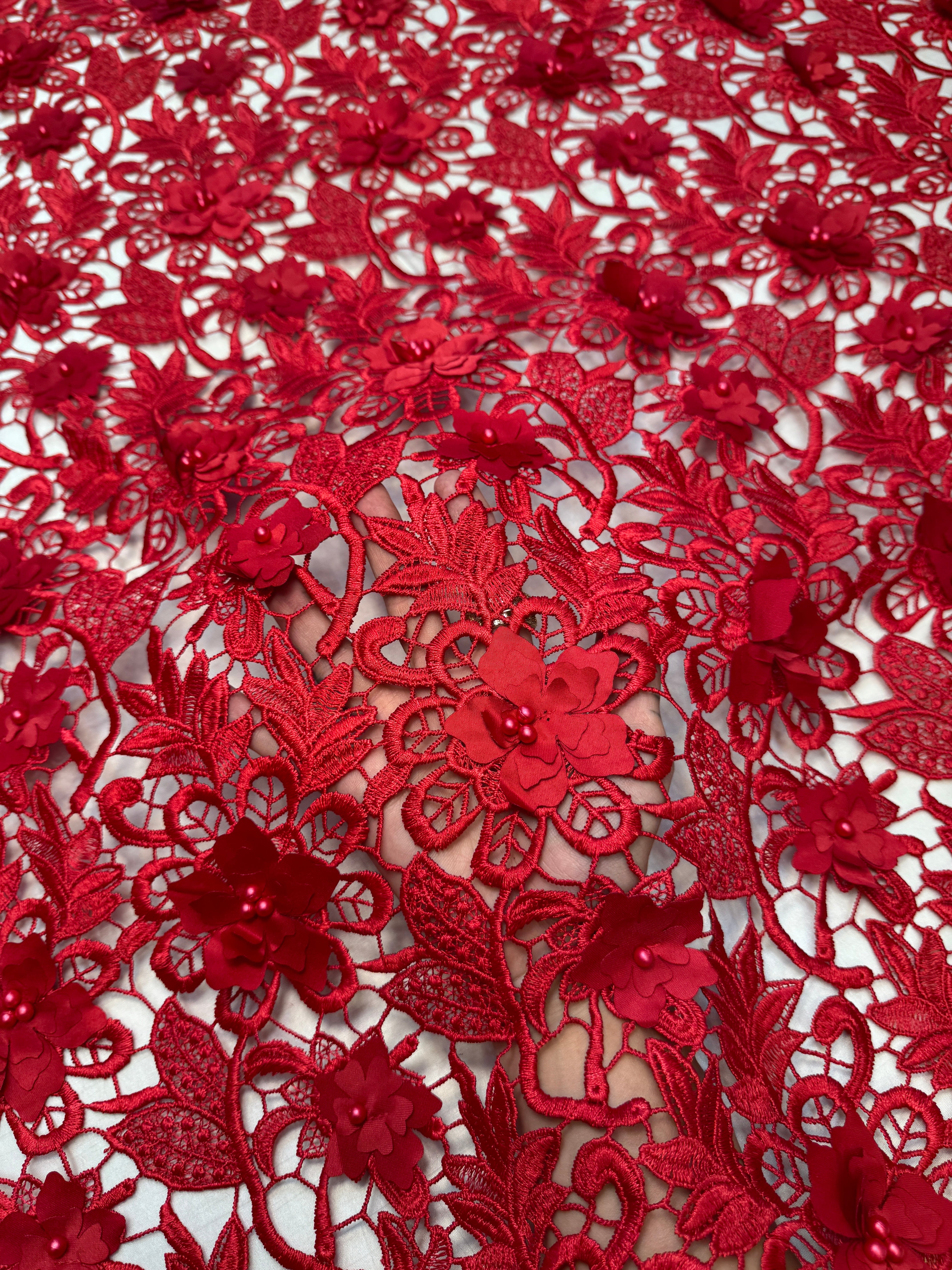 Red 3D Blossom Beaded Embroidered Lace, Kiki Sewing Store, Kiki Luxury Fabric, Cheap Fabric Store, Kiki Textiles, Kiki Textile by the Yard, Kiki Textile USA