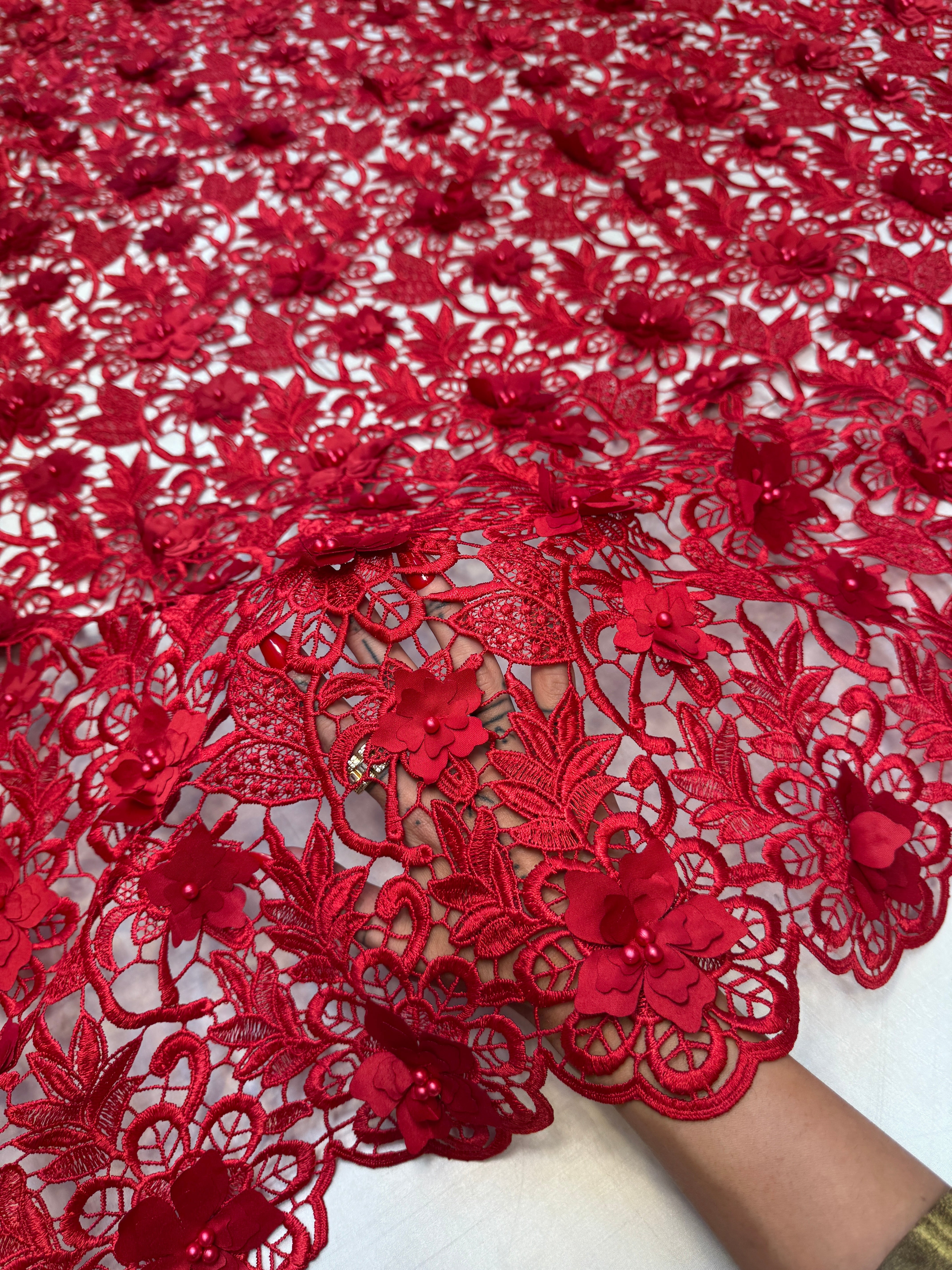 Red 3D Blossom Beaded Embroidered Lace, Kiki Sewing Store, Kiki Luxury Fabric, Cheap Fabric Store, Kiki Textiles, Kiki Textile by the Yard, Kiki Textile USA