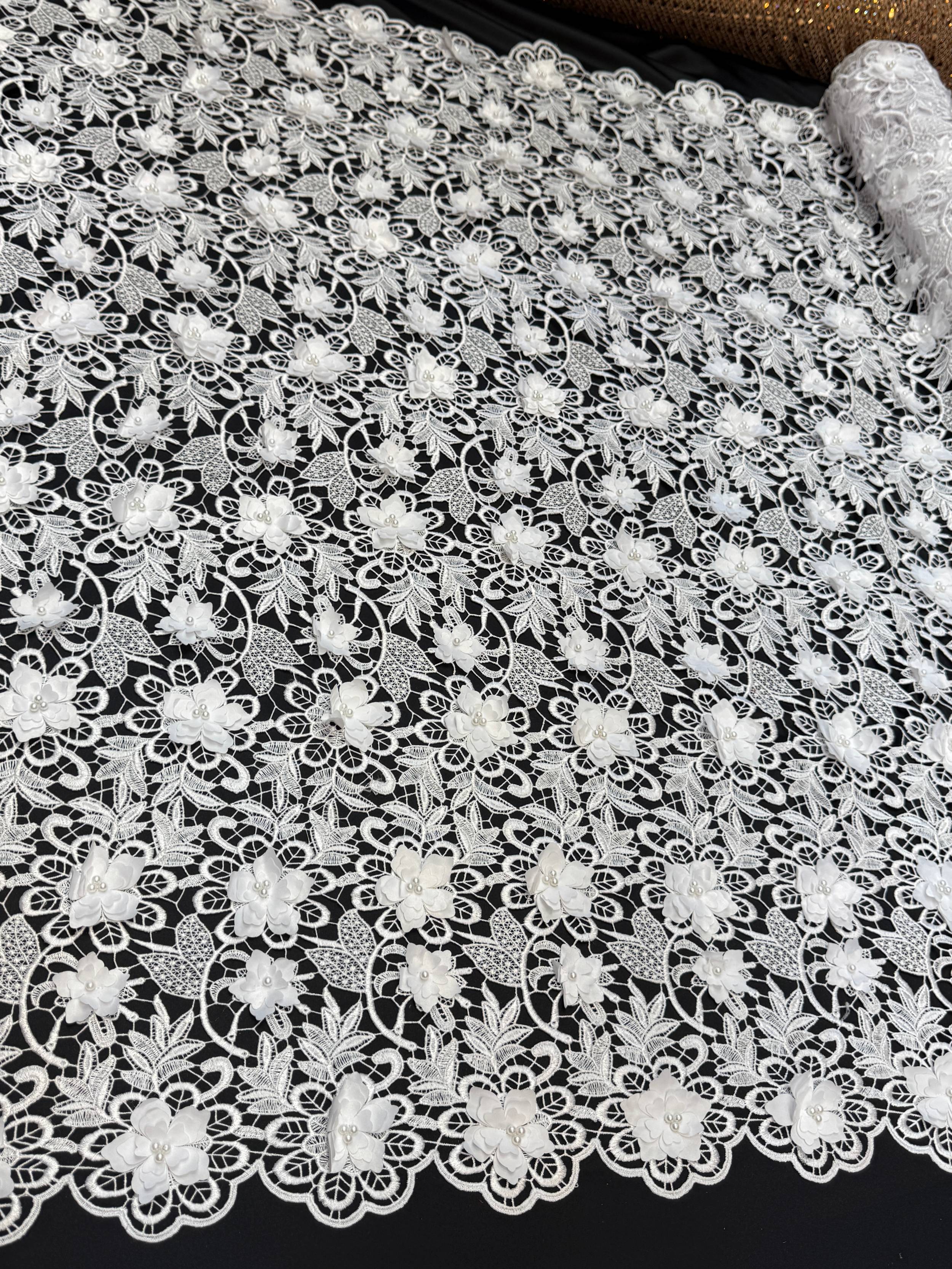 White 3D Blossom Beaded Embroidered Lace, Beaded Embroidered Lace, 3D Blossom Lace, Floral Beaded Lace, Couture Lace Fabric, Bridal Lace Fabric, Wedding Dress Lace