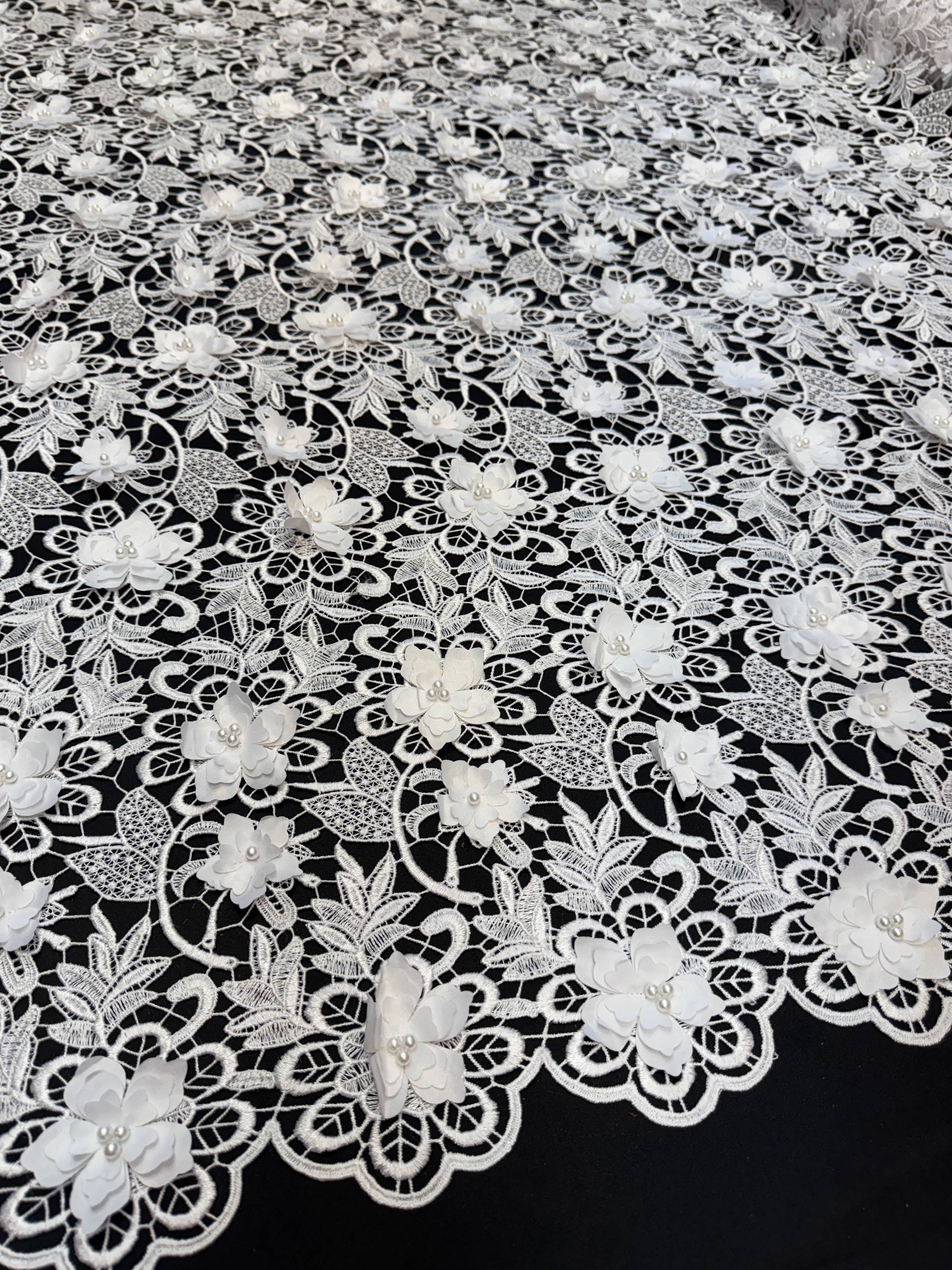 White 3D Blossom Beaded Embroidered Lace, Beaded Embroidered Lace, 3D Blossom Lace, Floral Beaded Lace, Couture Lace Fabric, Bridal Lace Fabric, Wedding Dress Lace