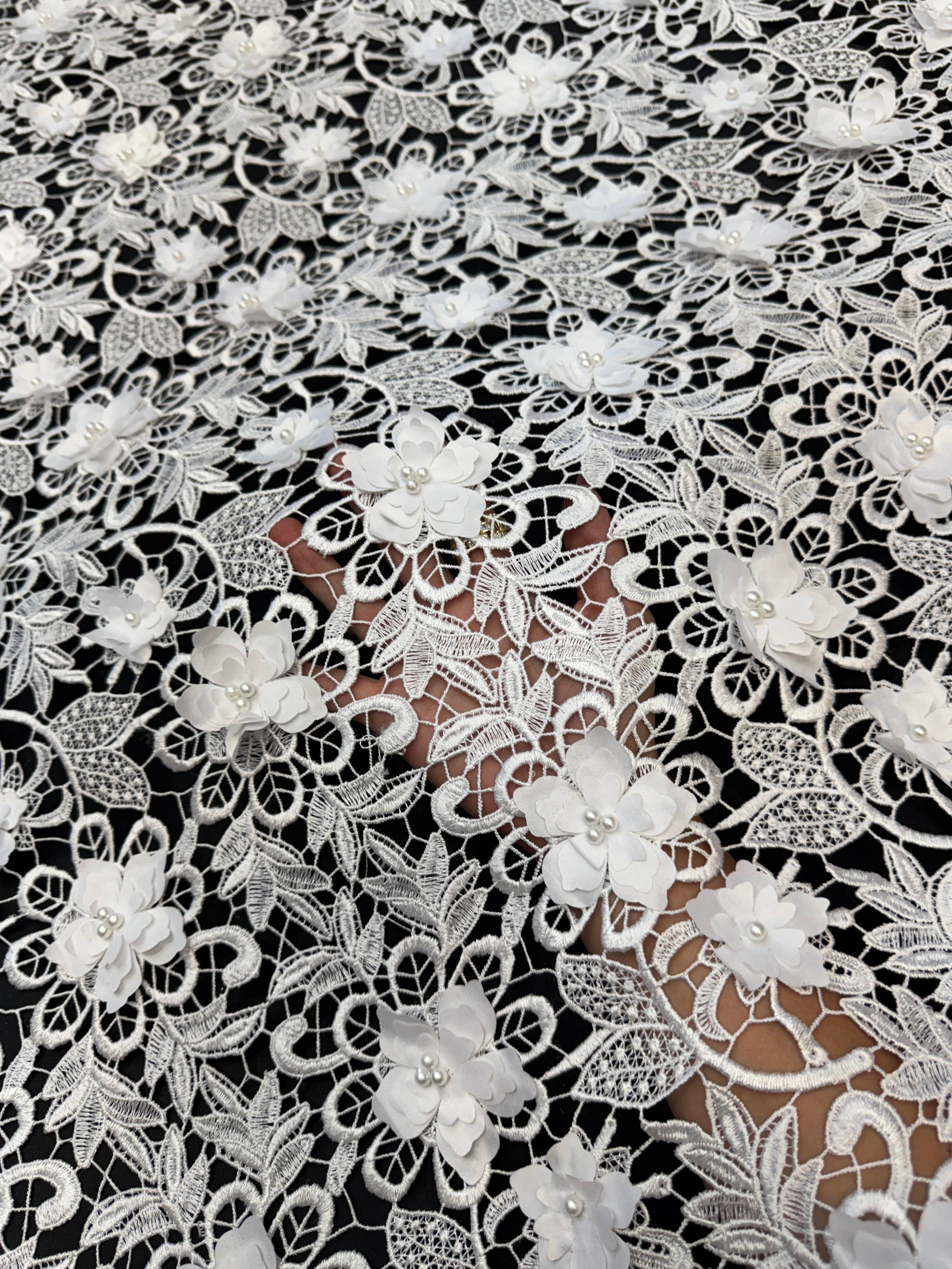 White 3D Blossom Beaded Embroidered Lace, Kiki Sewing Store, Kiki Luxury Fabric, Cheap Fabric Store, Kiki Textiles, Kiki Textile by the Yard, Kiki Textile USA