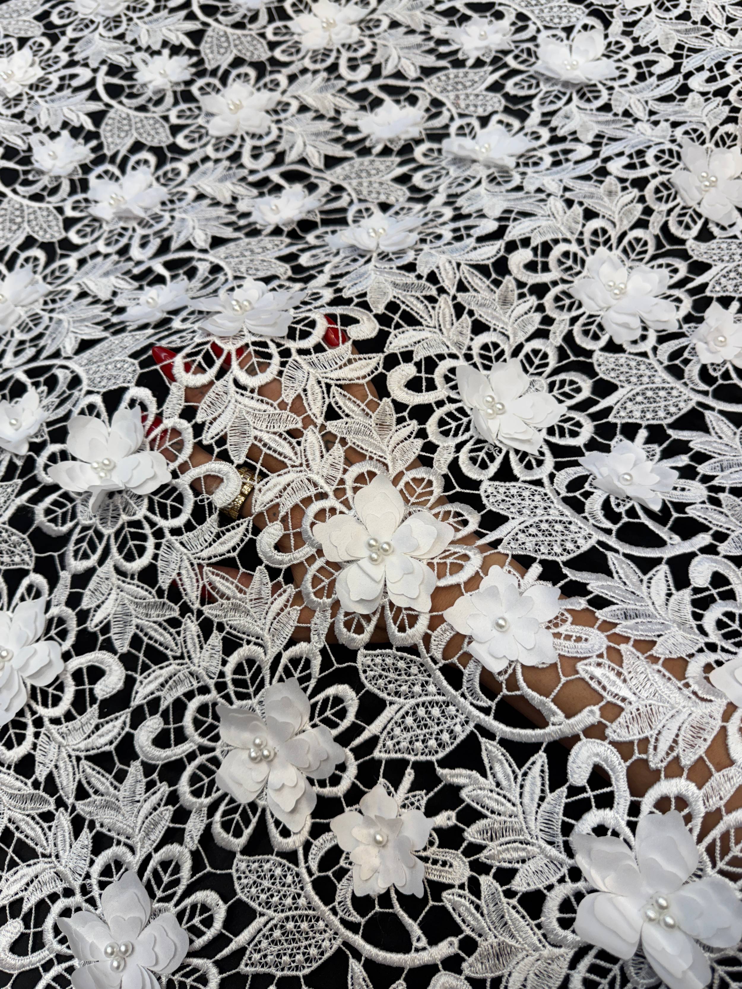 White 3D Blossom Beaded Embroidered Lace, Kiki Sewing Store, Kiki Luxury Fabric, Cheap Fabric Store, Kiki Textiles, Kiki Textile by the Yard, Kiki Textile USA