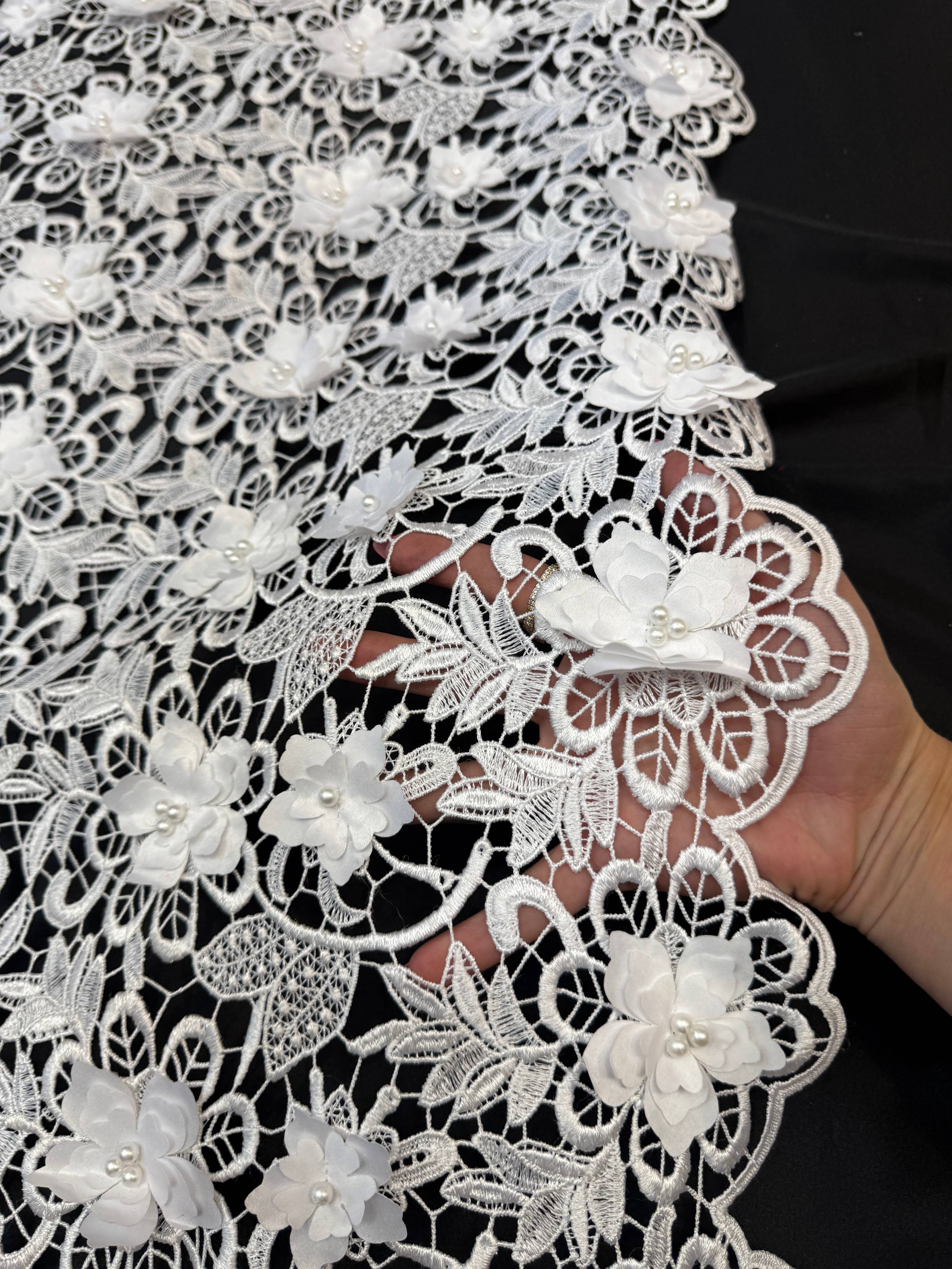 White 3D Blossom Beaded Embroidered Lace, Kiki Sewing Store, Kiki Luxury Fabric, Cheap Fabric Store, Kiki Textiles, Kiki Textile by the Yard, Kiki Textile USA