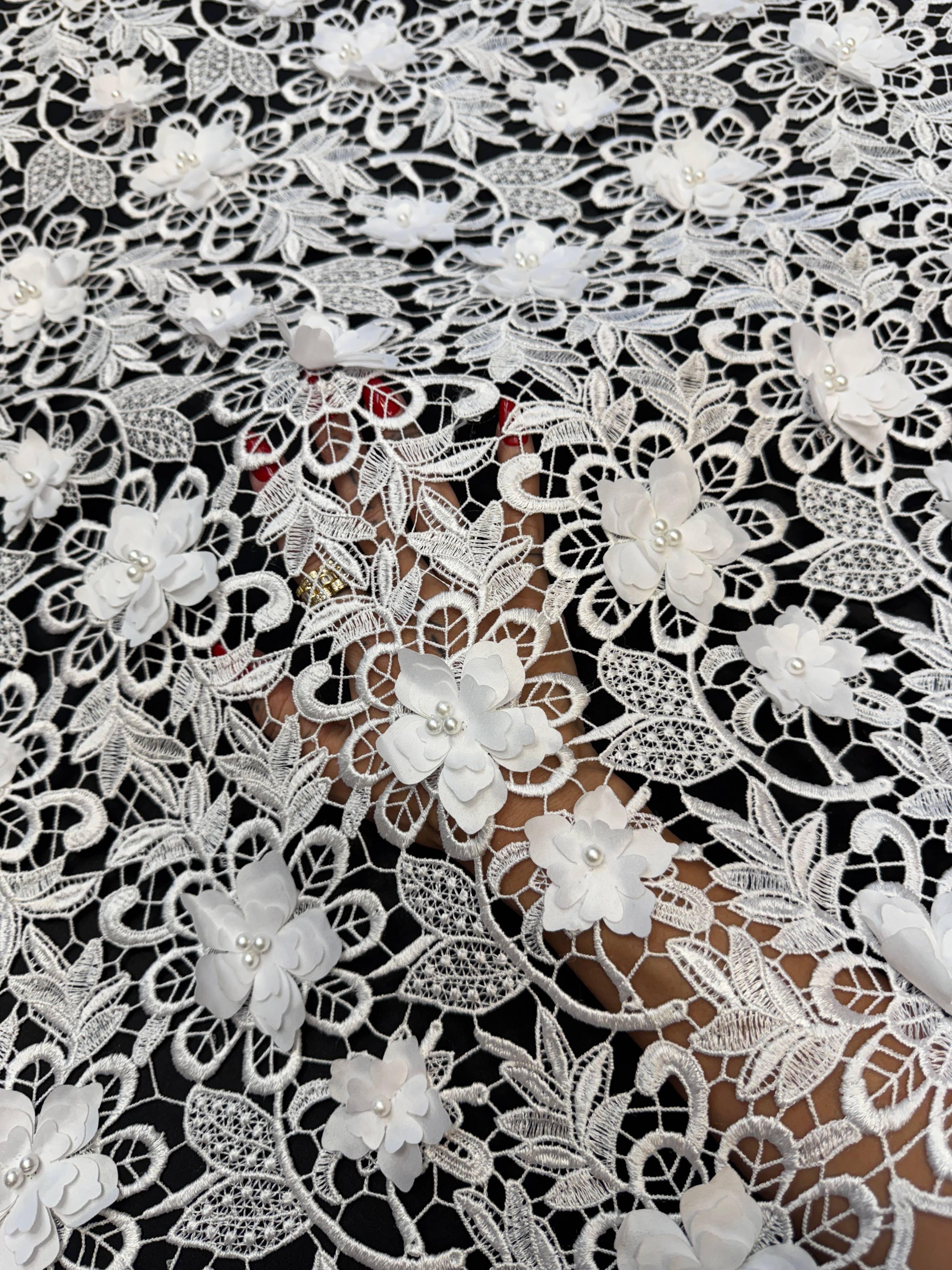 White 3D Blossom Beaded Embroidered Lace, Kiki Sewing Store, Kiki Luxury Fabric, Cheap Fabric Store, Kiki Textiles, Kiki Textile by the Yard, Kiki Textile USA