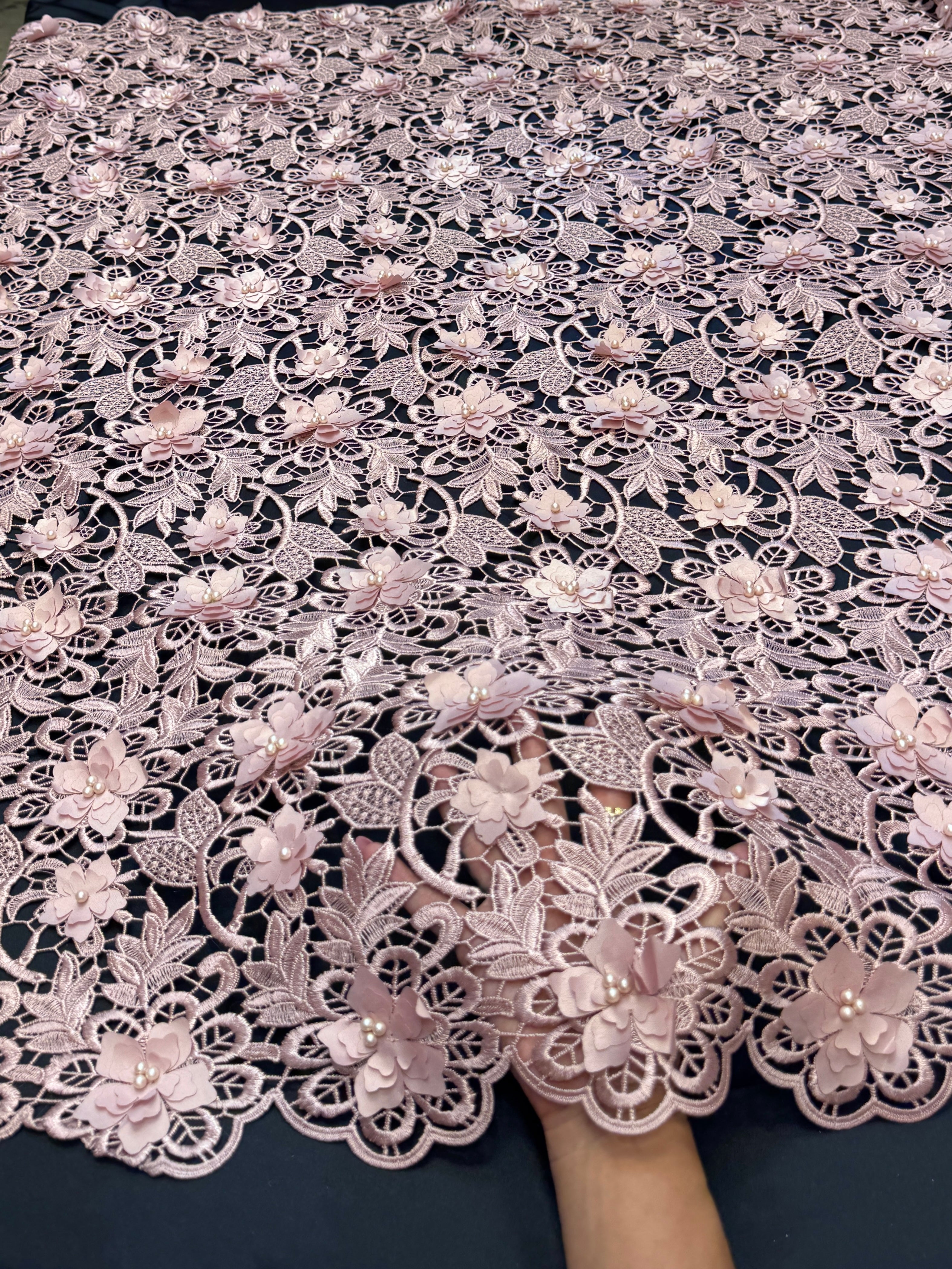 Dusty Rose 3D Blossom Beaded Embroidered Lace, Kiki Sewing Store, Kiki Luxury Fabric, Cheap Fabric Store, Kiki Textiles, Kiki Textile by the Yard, Kiki Textile USA