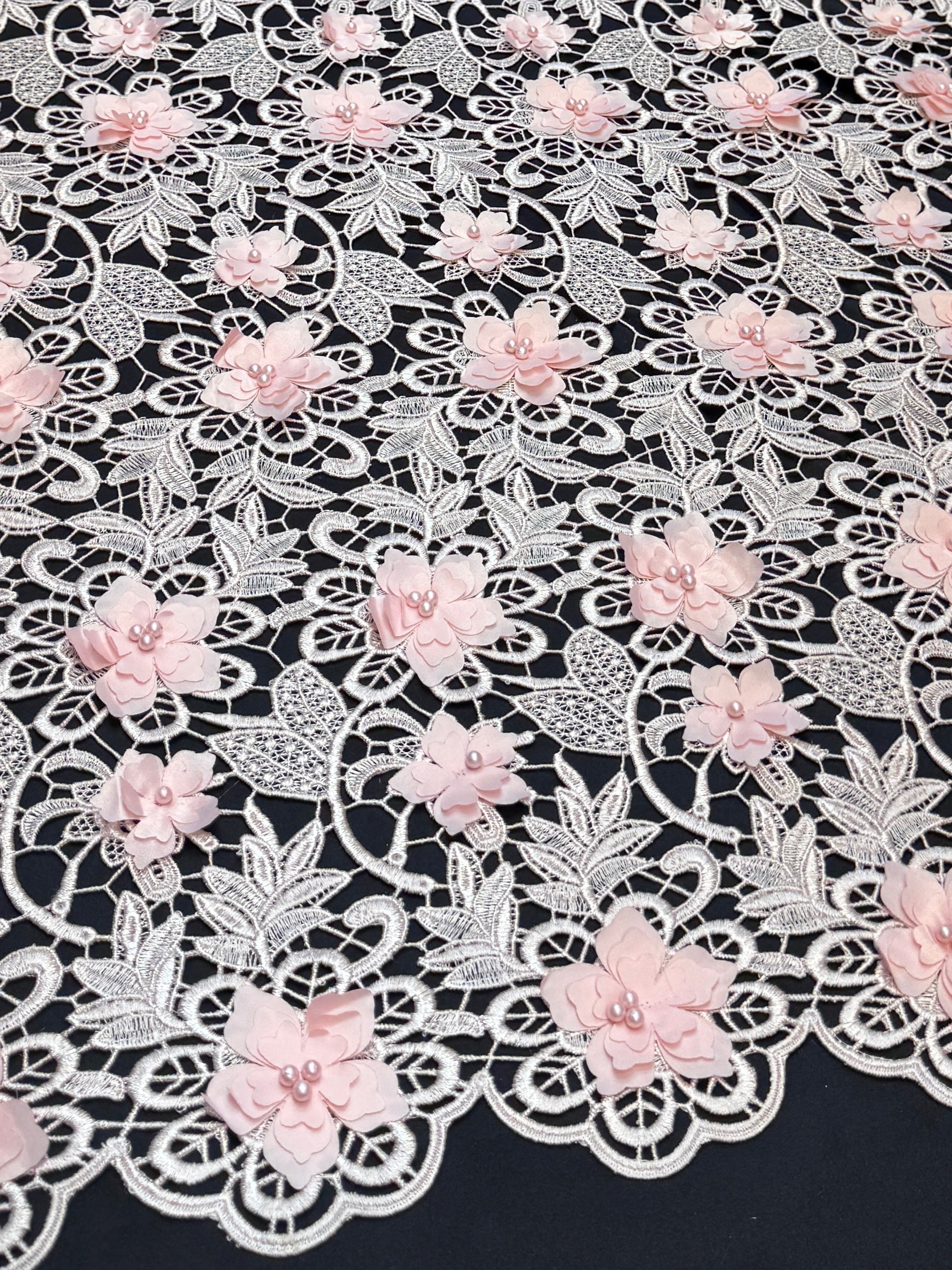 Powder Pink 3D Blossom Beaded Embroidered Lace, Beaded Embroidered Lace, 3D Blossom Lace, Floral Beaded Lace, Couture Lace Fabric, Bridal Lace Fabric, Wedding Dress Lace