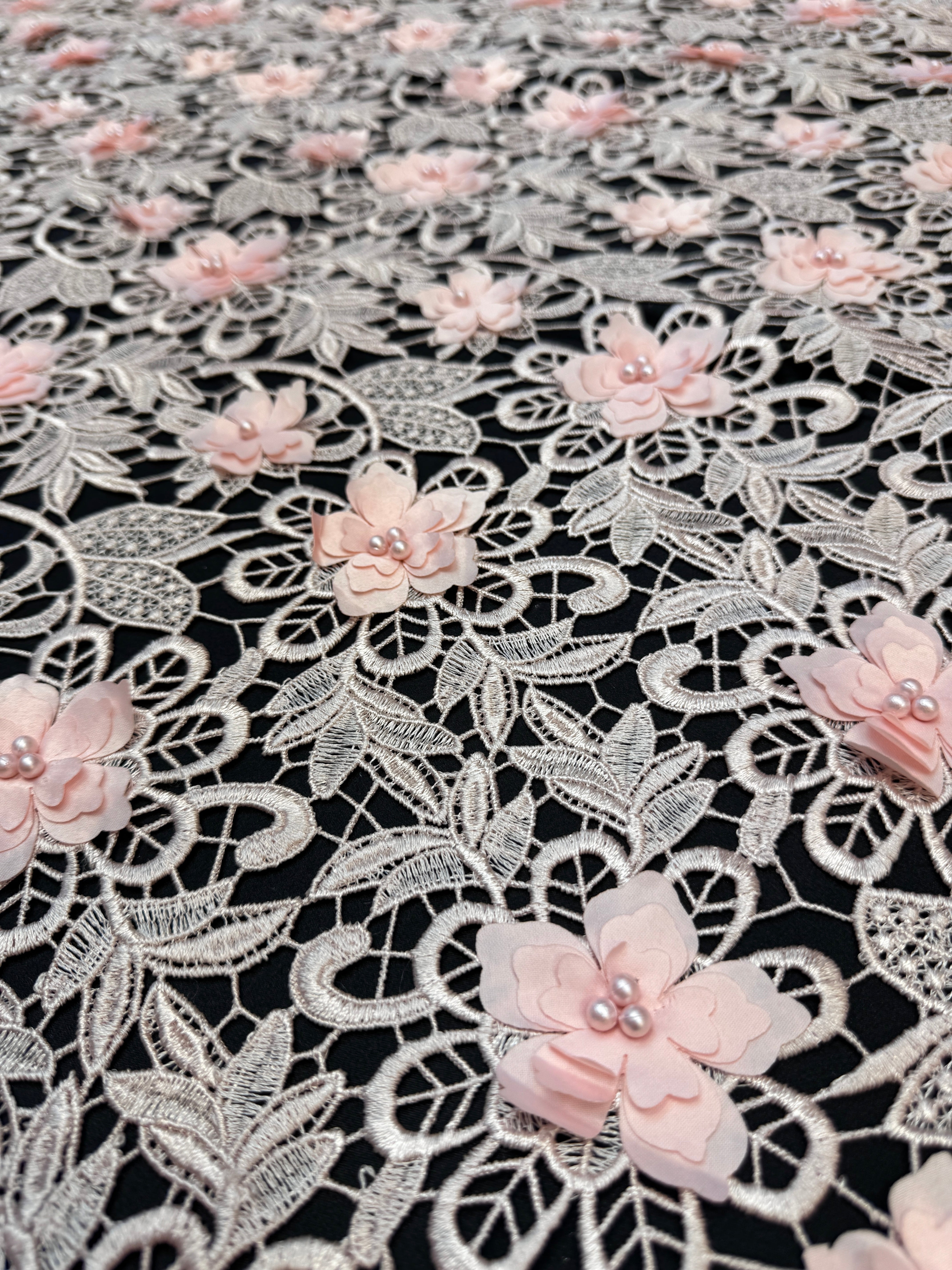 Powder Pink 3D Blossom Beaded Embroidered Lace, Beaded Embroidered Lace, 3D Blossom Lace, Floral Beaded Lace, Couture Lace Fabric, Bridal Lace Fabric, Wedding Dress Lace