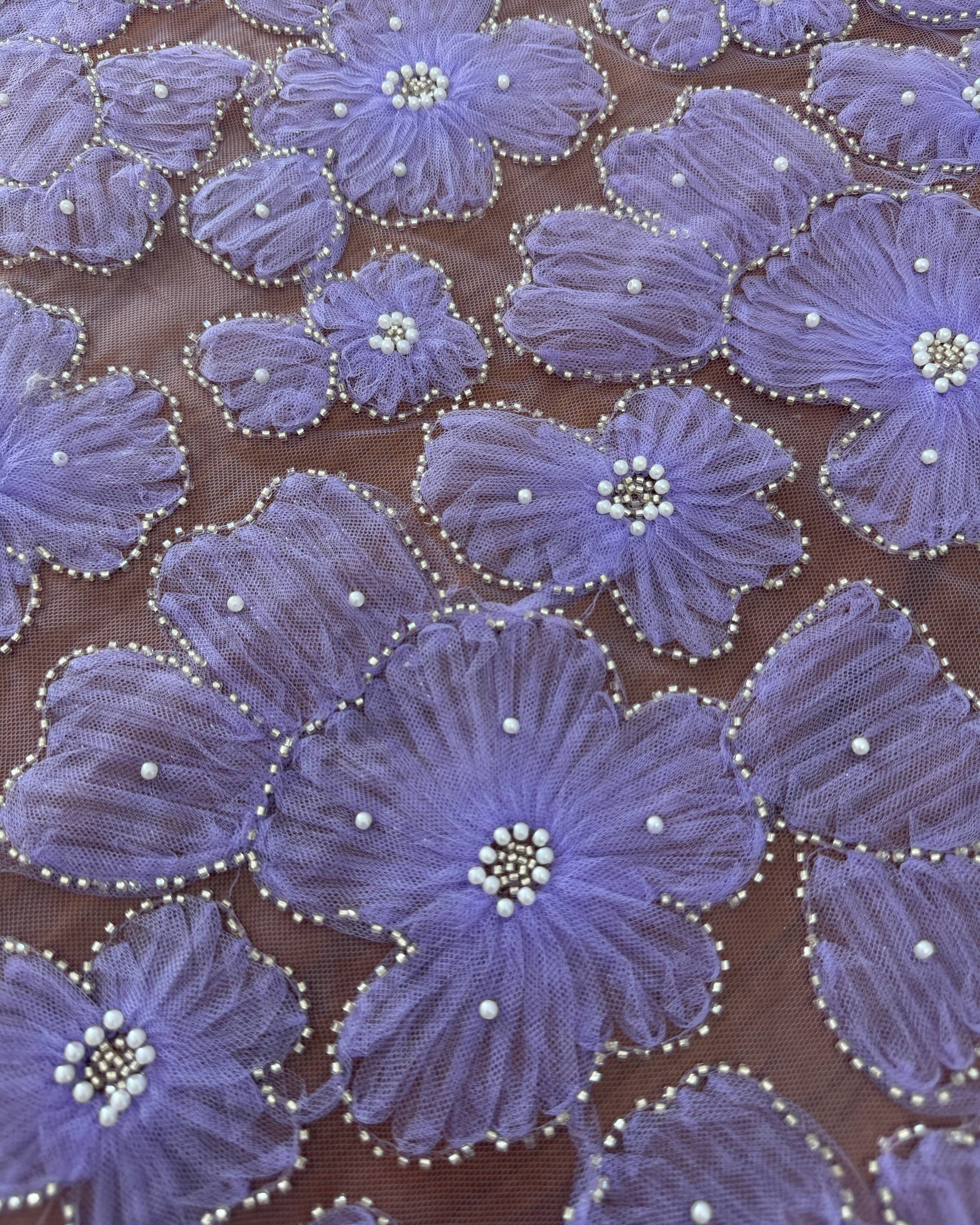 Lavender Floral Tulle Beaded Lace Mesh, Beaded Lace Mesh, Floral Beaded Lace, Flower Lace, Embroidered Tulle Lace, Embellished Tulle Fabric, Luxury Lace Fabric