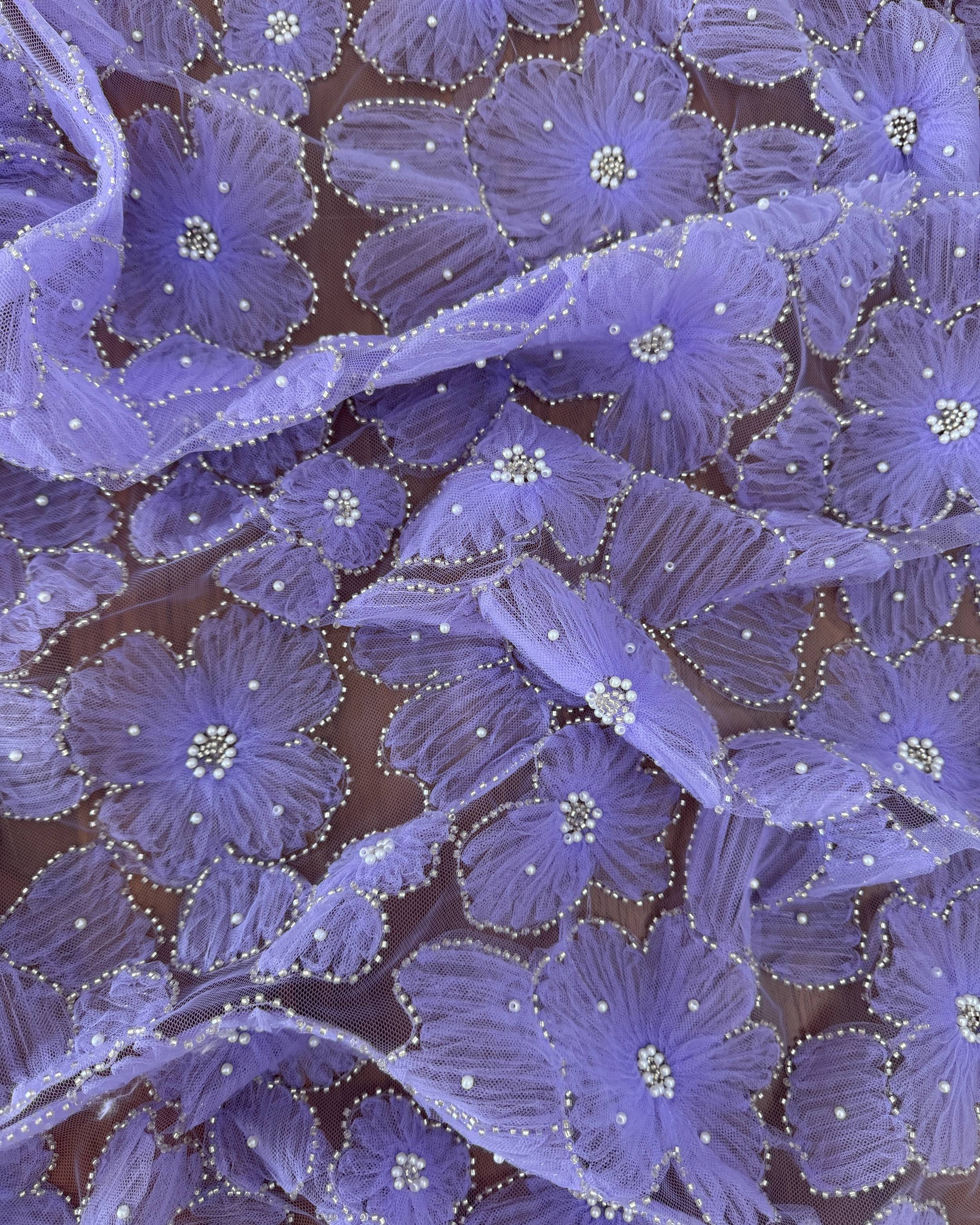 Lavender Floral Tulle Beaded Lace Mesh, Beaded Lace Mesh, Floral Beaded Lace, Flower Lace, Embroidered Tulle Lace, Embellished Tulle Fabric, Luxury Lace Fabric