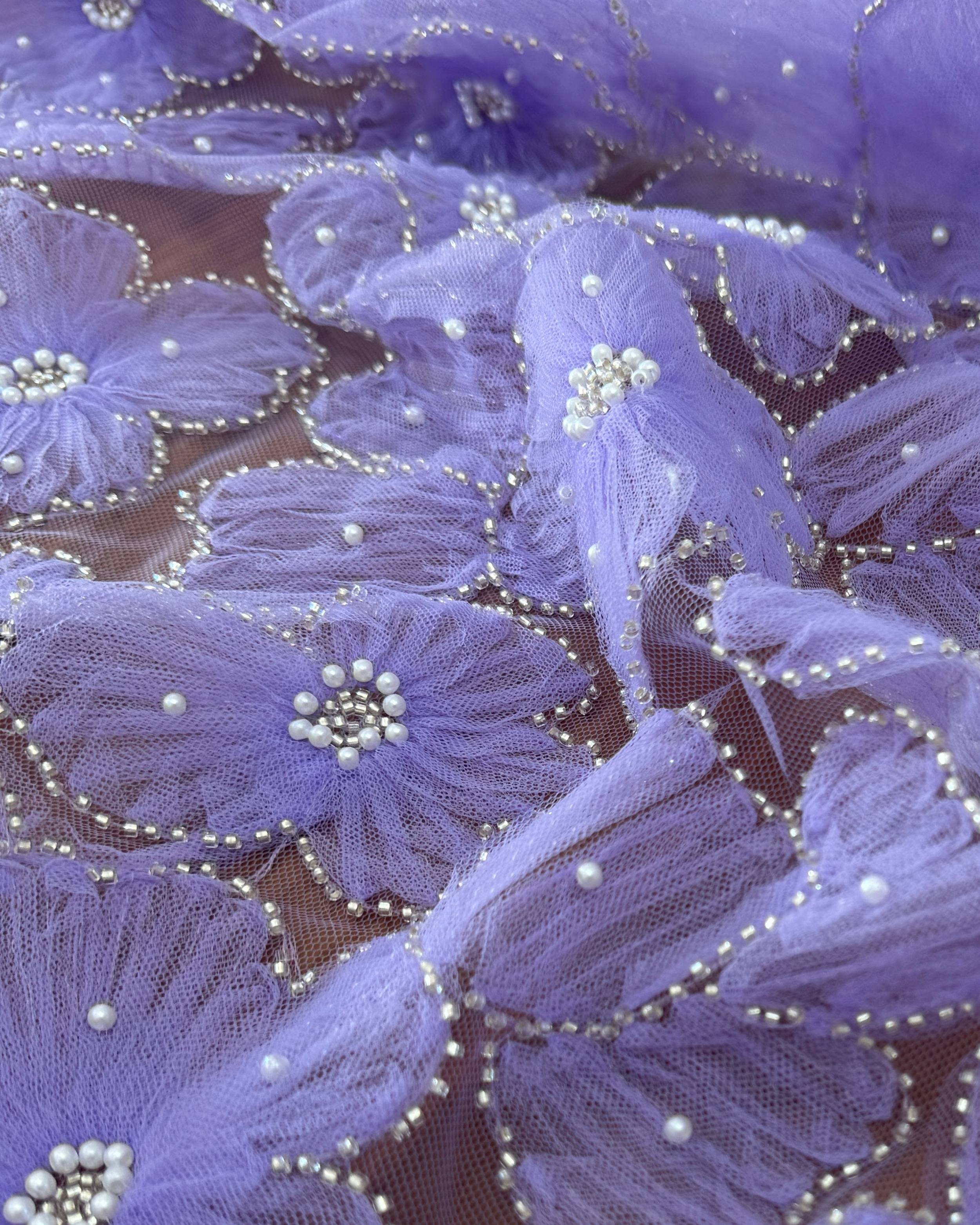 Lavender Floral Tulle Beaded Lace Mesh, Beaded Lace Mesh, Floral Beaded Lace, Flower Lace, Embroidered Tulle Lace, Embellished Tulle Fabric, Luxury Lace Fabric