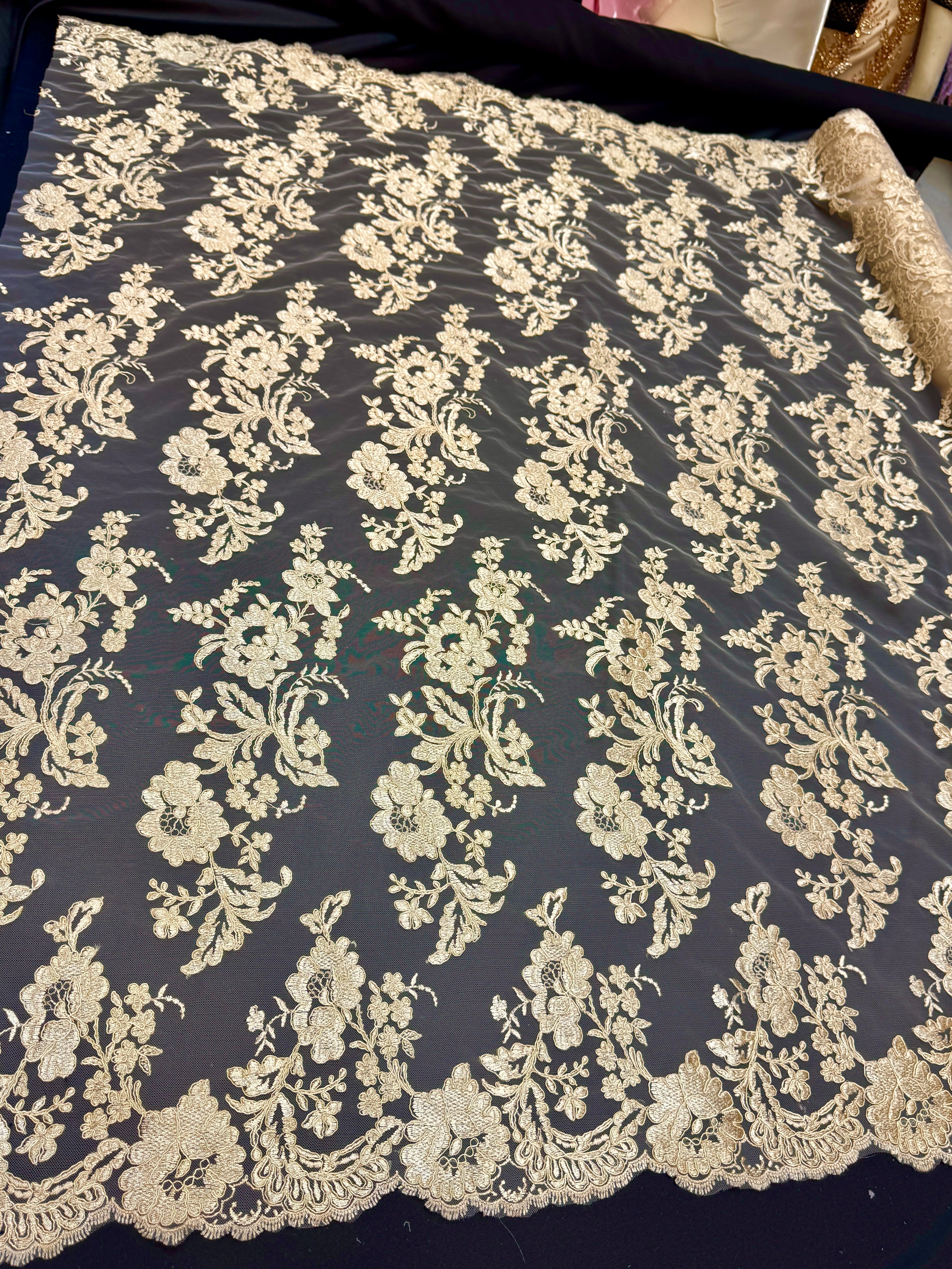 Gold Romantic Bloom Embroidered Mesh Lace, Romantic Lace Fabric, Sheer Embroidered Lace, Bloom Lace Fabric, Bridal Lace Fabric, Wedding Dress Lace