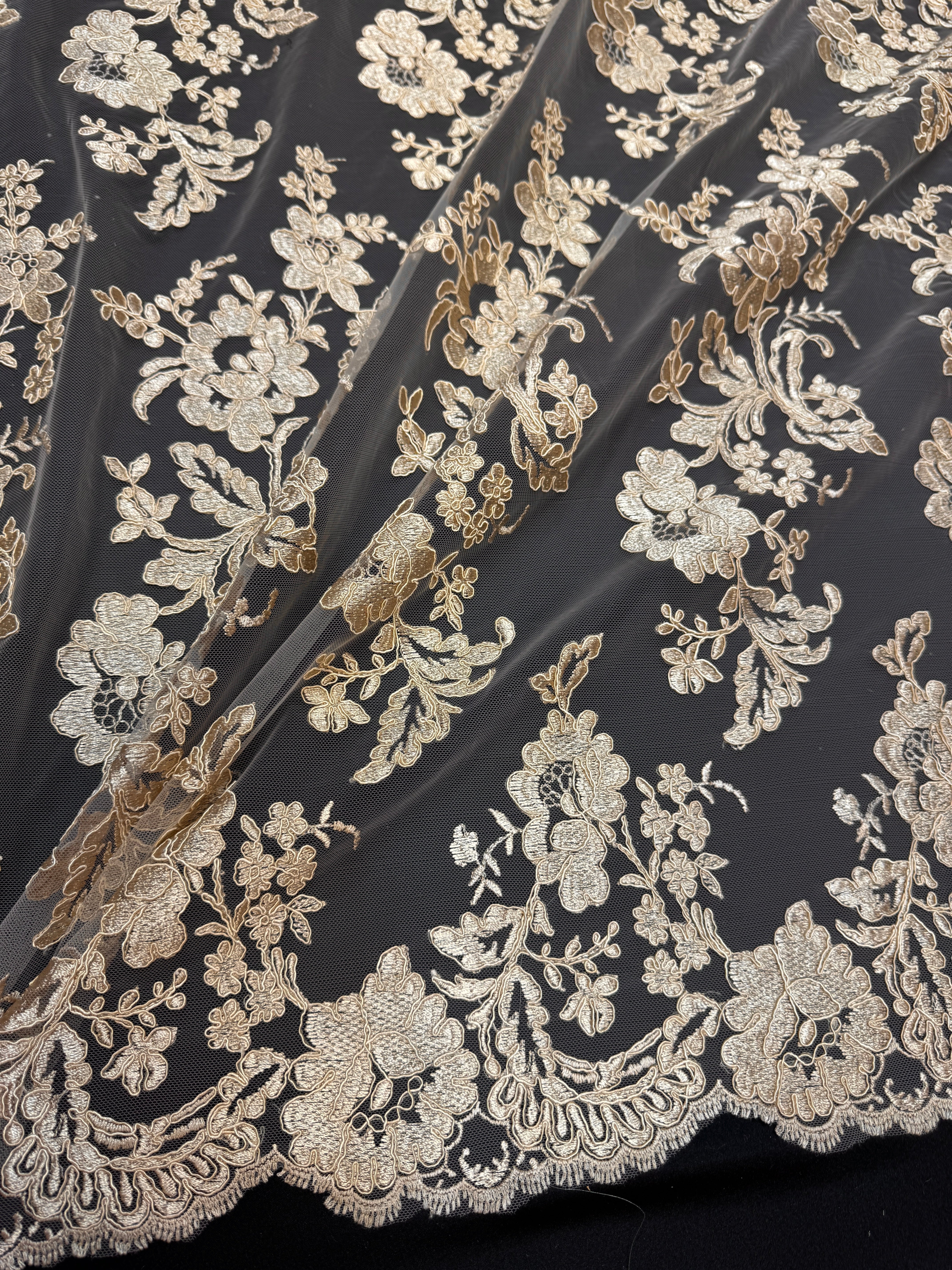 Gold Romantic Bloom Embroidered Mesh Lace, Kiki Sewing Store, Kiki Luxury Fabric, Cheap Fabric Store, Kiki Textiles, Kiki Textile by the Yard, Kiki Textile USA
