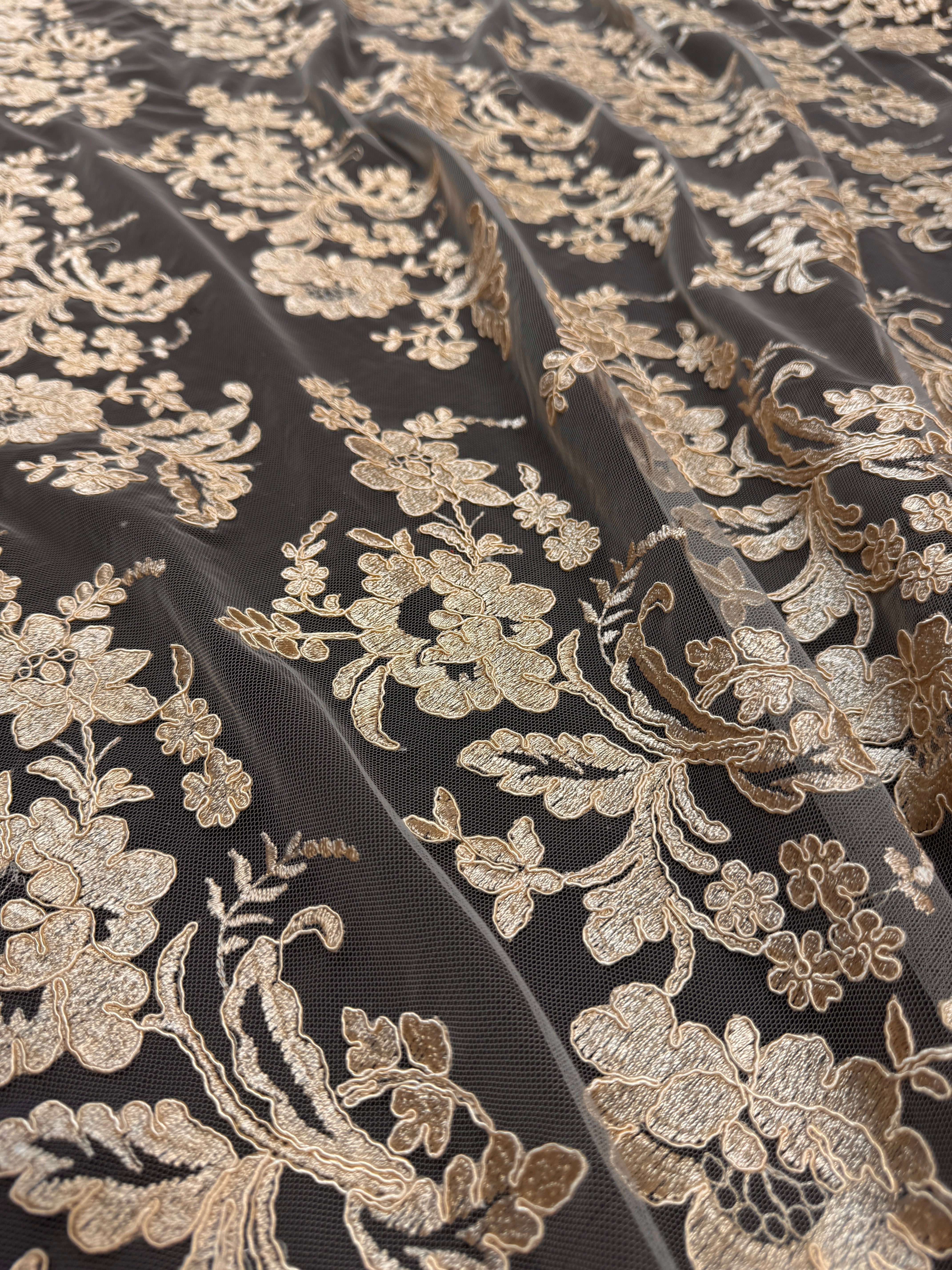 Gold Romantic Bloom Embroidered Mesh Lace, Kiki Sewing Store, Kiki Luxury Fabric, Cheap Fabric Store, Kiki Textiles, Kiki Textile by the Yard, Kiki Textile USA