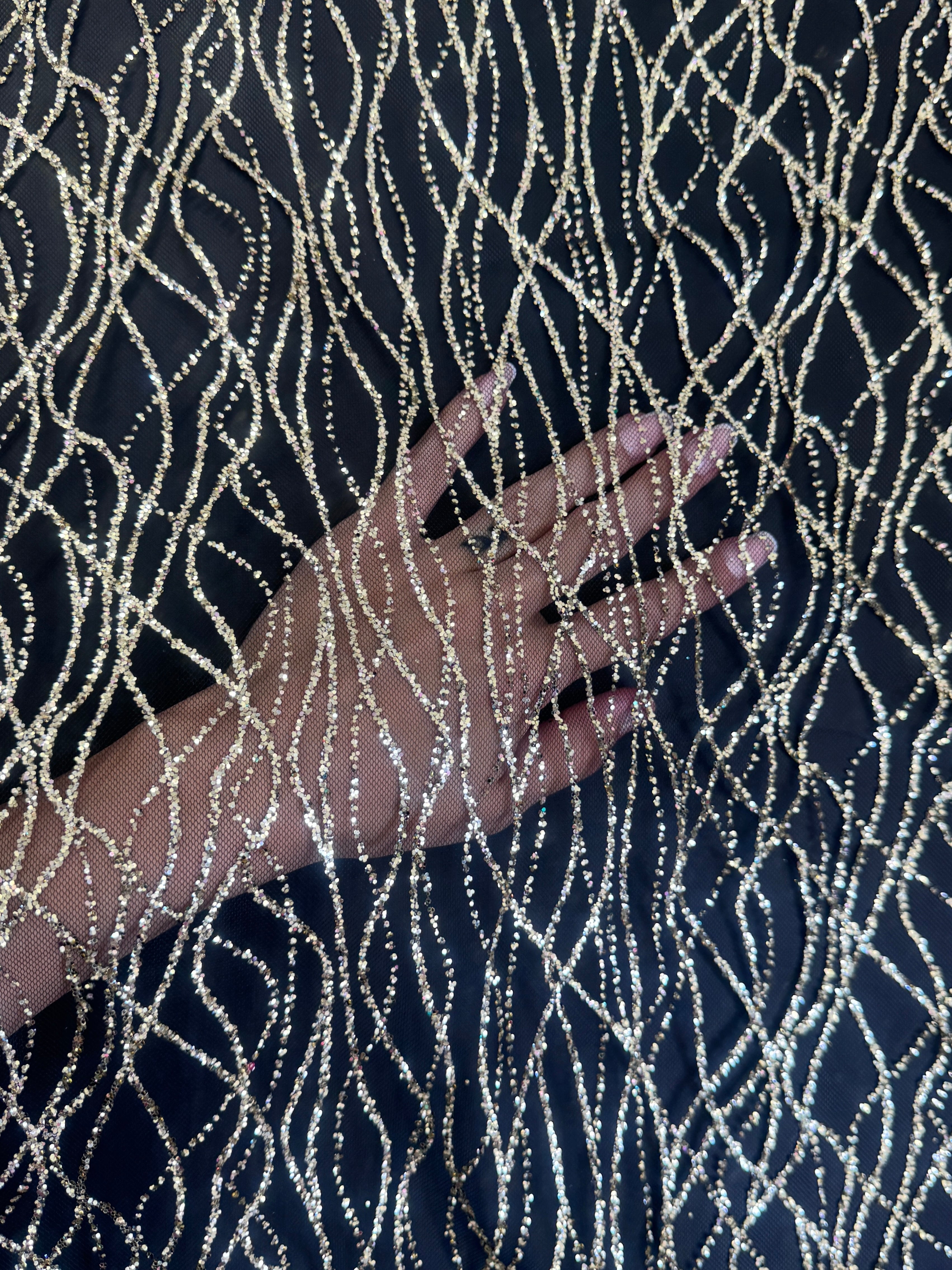 Gold Glitter Lace on Black Mesh, shop fabrics online, sewing, fabric store, sewing store, cheap fabric store, kiki textiles, textile by the yard