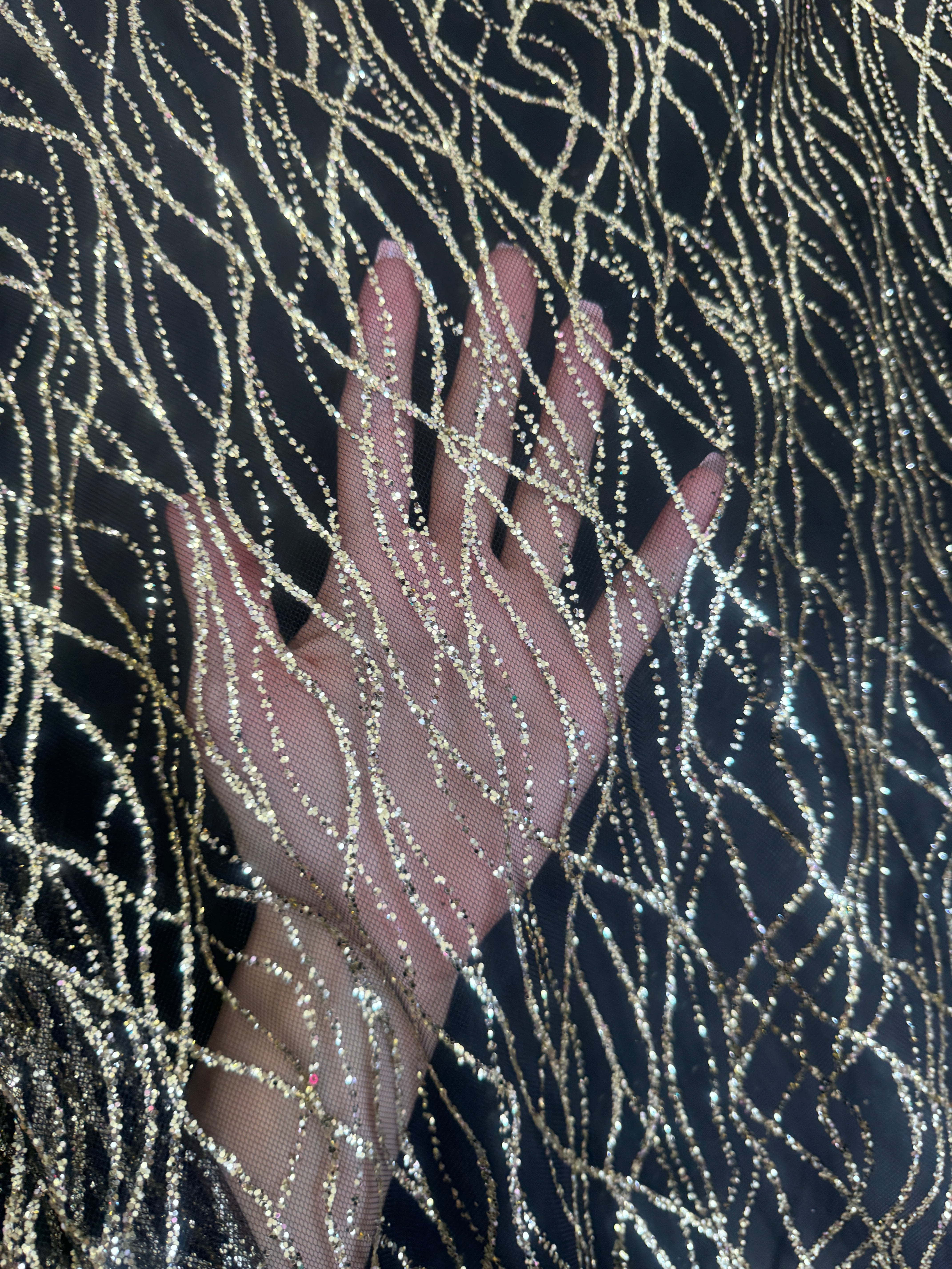 Gold Glitter Lace on Black Mesh, shop fabrics online, sewing, fabric store, sewing store, cheap fabric store, kiki textiles, textile by the yard