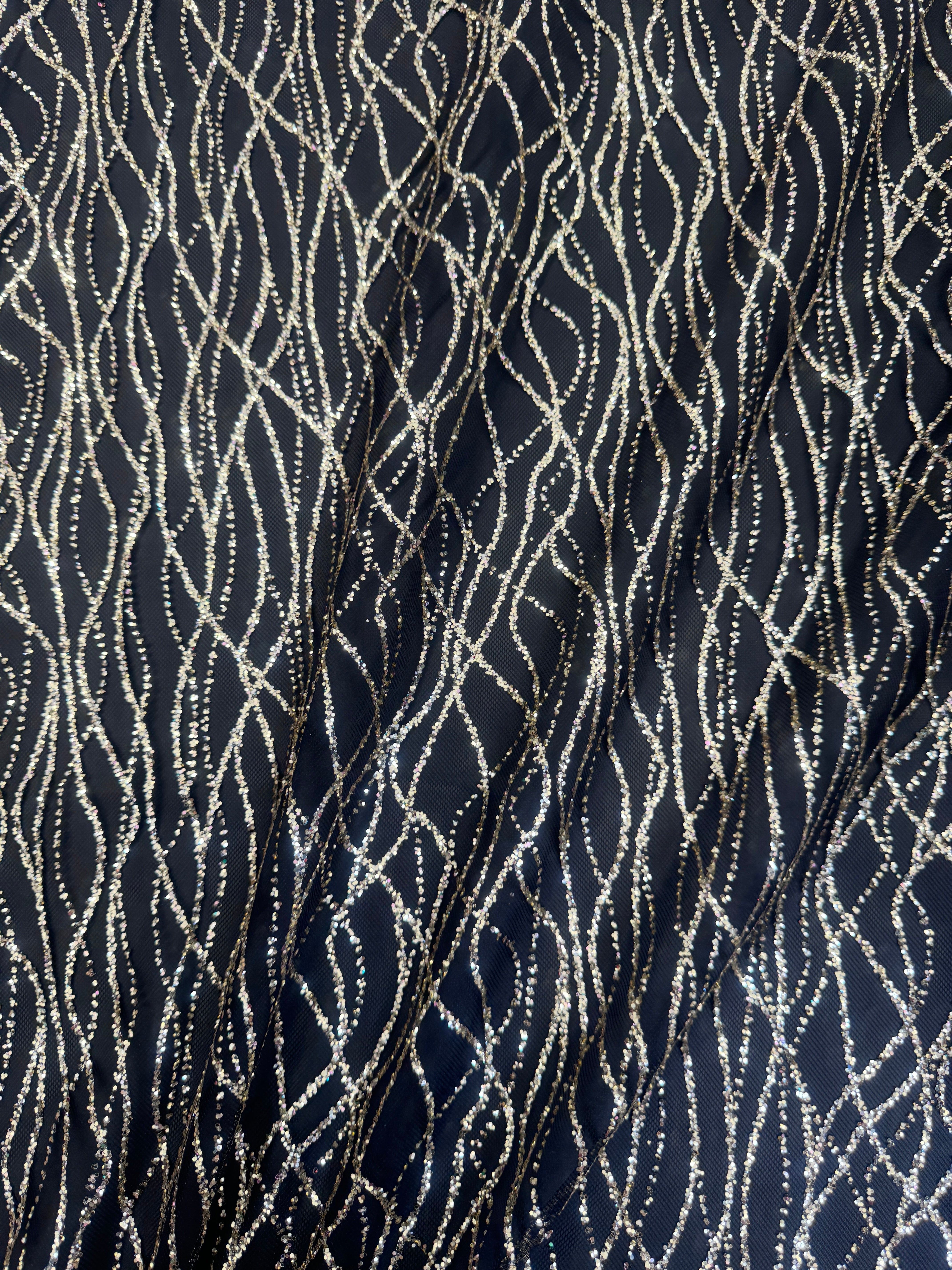 Gold Glitter Lace on Black Mesh, shop fabrics online, sewing, fabric store, sewing store, cheap fabric store, kiki textiles, textile by the yard
