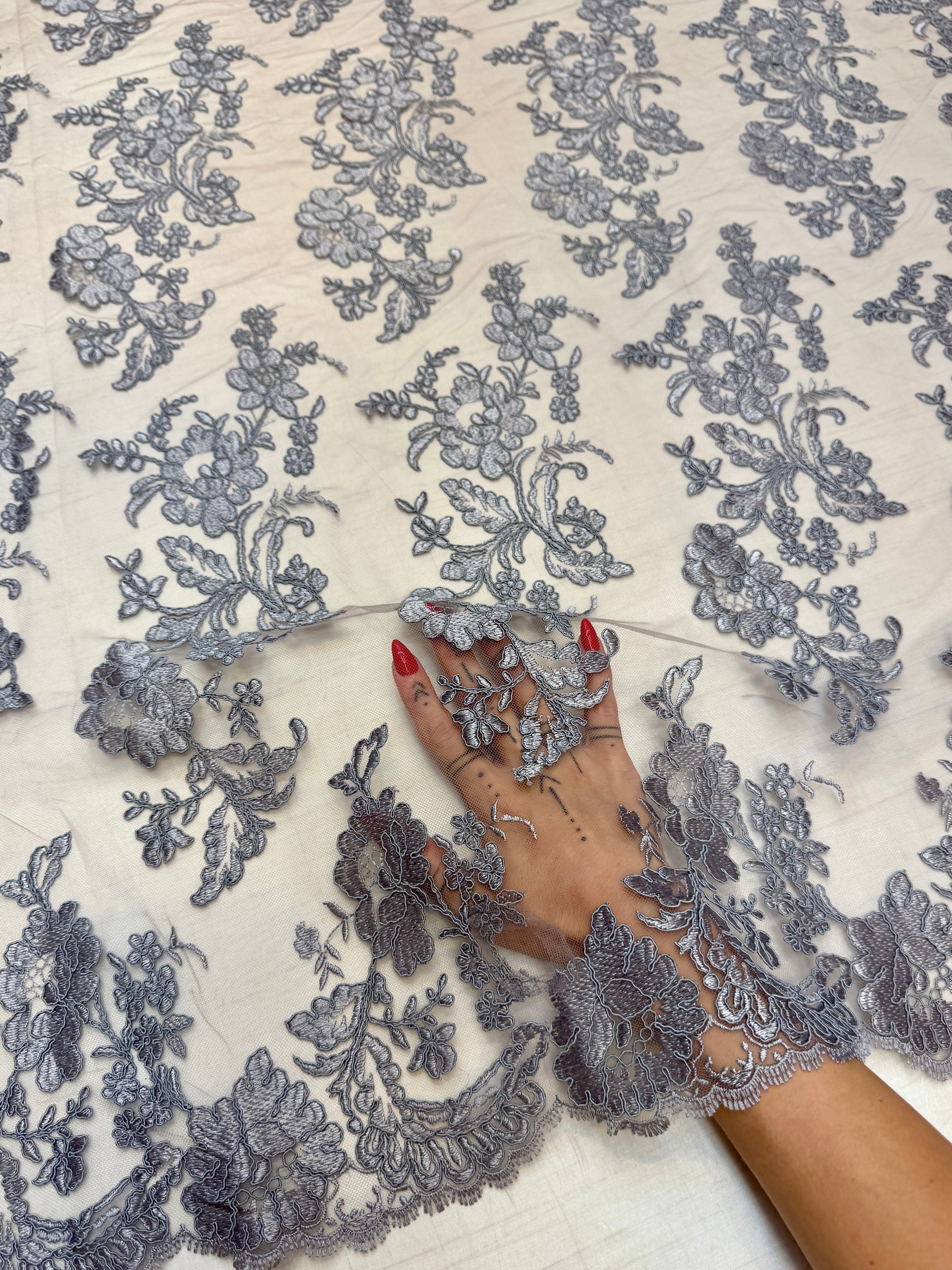 Silver Romantic Bloom Embroidered Mesh Lace, Kiki Sewing Store, Kiki Luxury Fabric, Cheap Fabric Store, Kiki Textiles, Kiki Textile by the Yard, Kiki Textile USA
