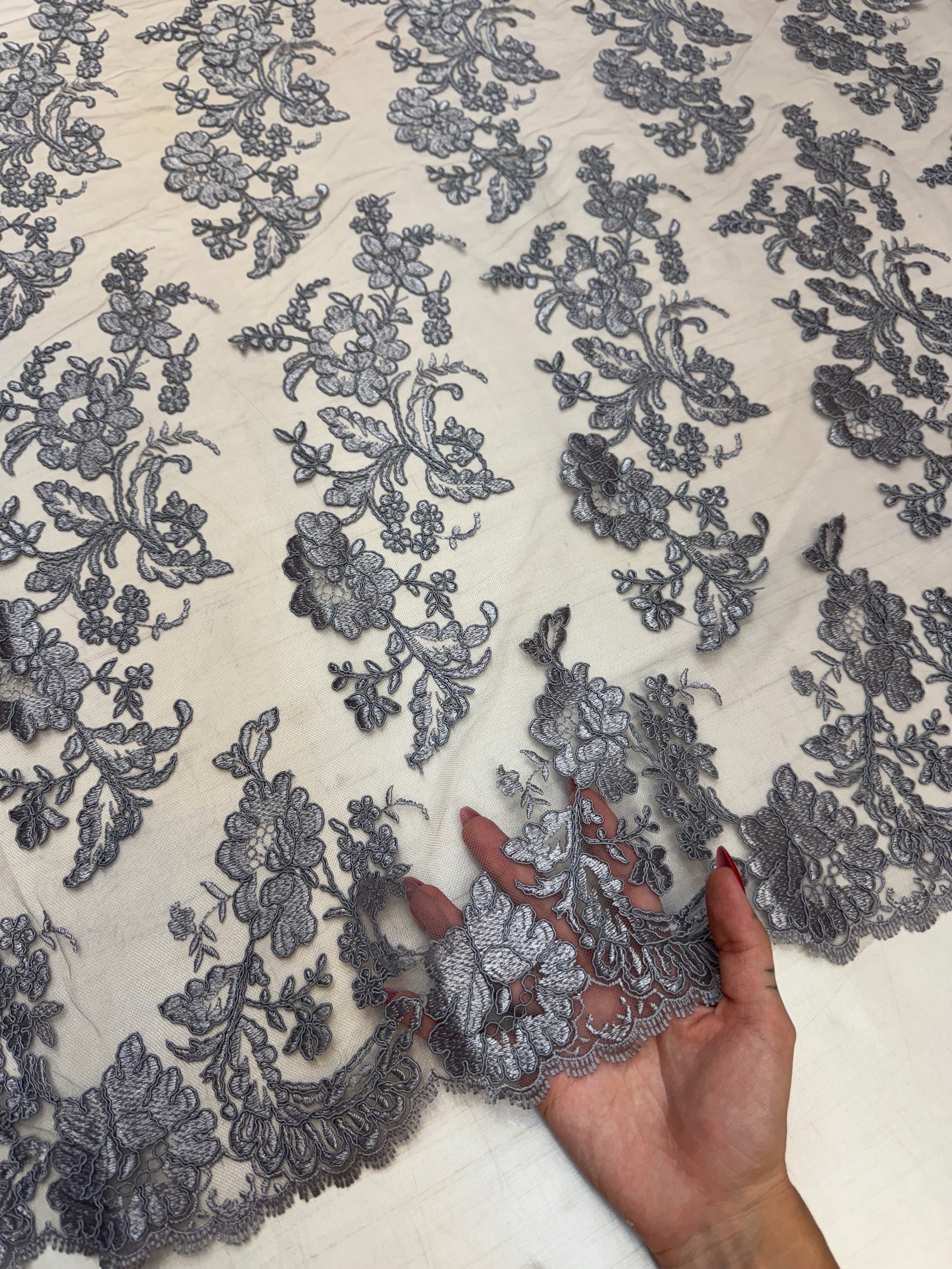 Silver Romantic Bloom Embroidered Mesh Lace, Kiki Sewing Store, Kiki Luxury Fabric, Cheap Fabric Store, Kiki Textiles, Kiki Textile by the Yard, Kiki Textile USA
