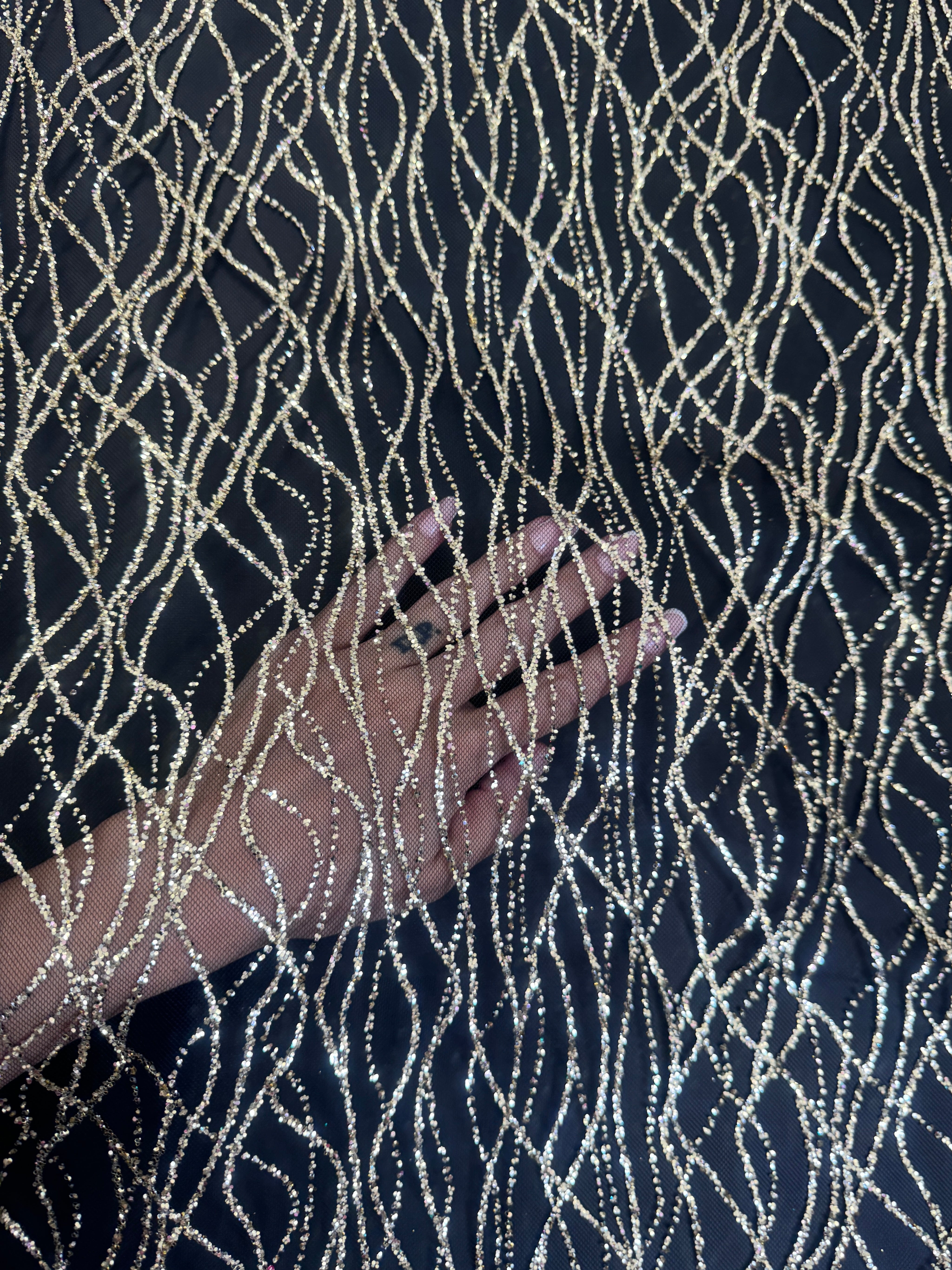 Gold Glitter Lace on Black Mesh, shop fabrics online, sewing, fabric store, sewing store, cheap fabric store, kiki textiles, textile by the yard