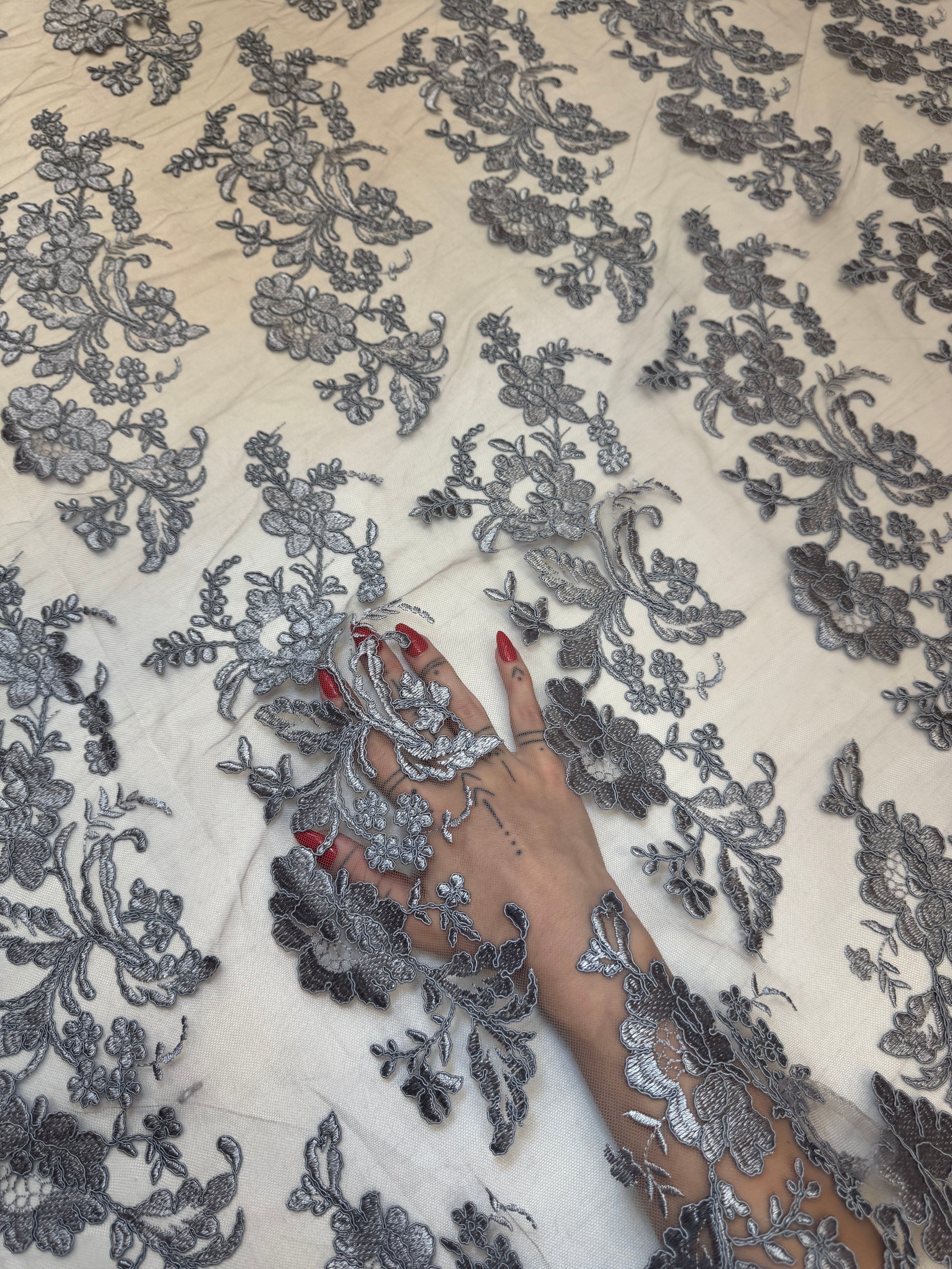 Silver Romantic Bloom Embroidered Mesh Lace, Kiki Sewing Store, Kiki Luxury Fabric, Cheap Fabric Store, Kiki Textiles, Kiki Textile by the Yard, Kiki Textile USA